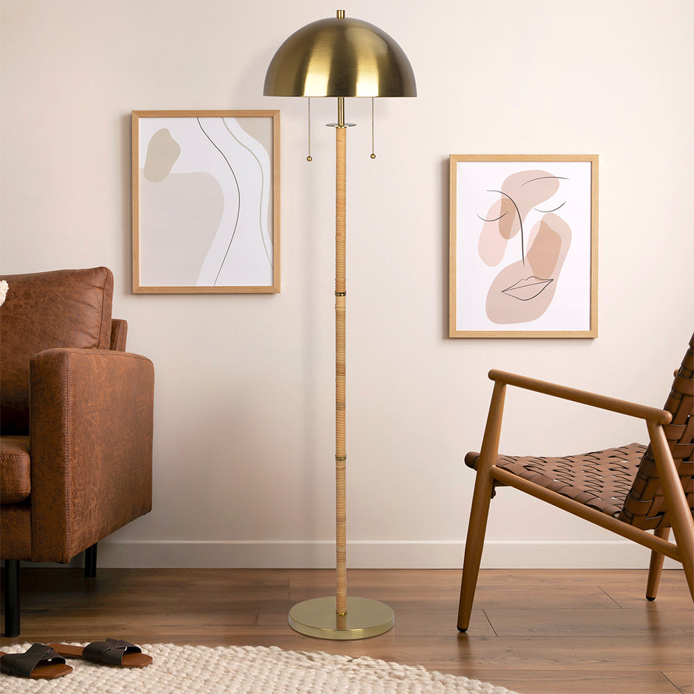 Allure 2 Light Floor Lamp, Gold Brass, Natural Rattan Tubedouble On Off Pull Chain Gold,Rattan Brass,Rattan