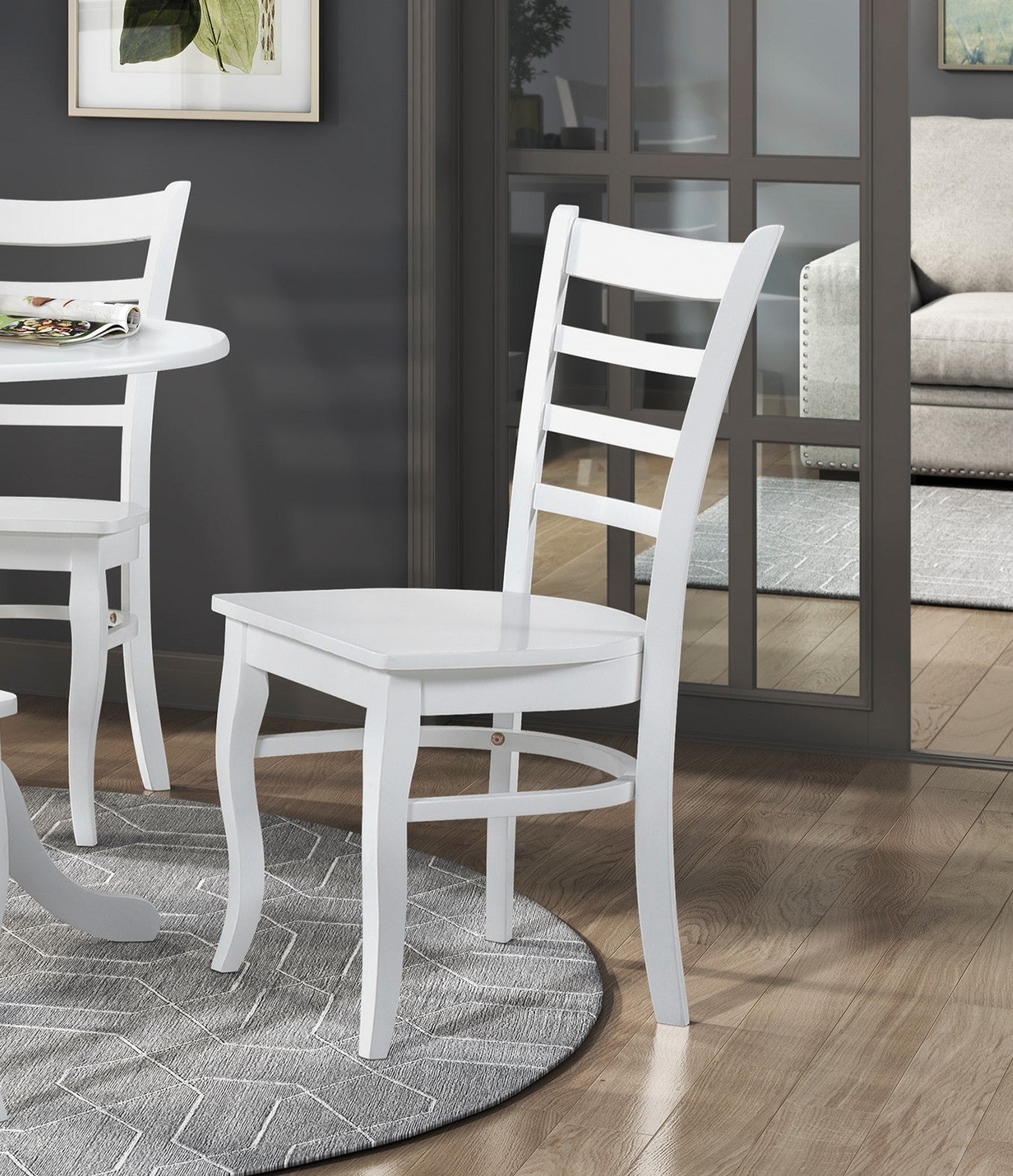 White Finish 3Pc Set Round Table And Two Chairs Set Wooden Ladder Back Casual Farmhouse Style Kitchen Dining Room Furniture Wood Wood White Ladder Back Seats 2 Wood Dining Room Casual,Farmhouse