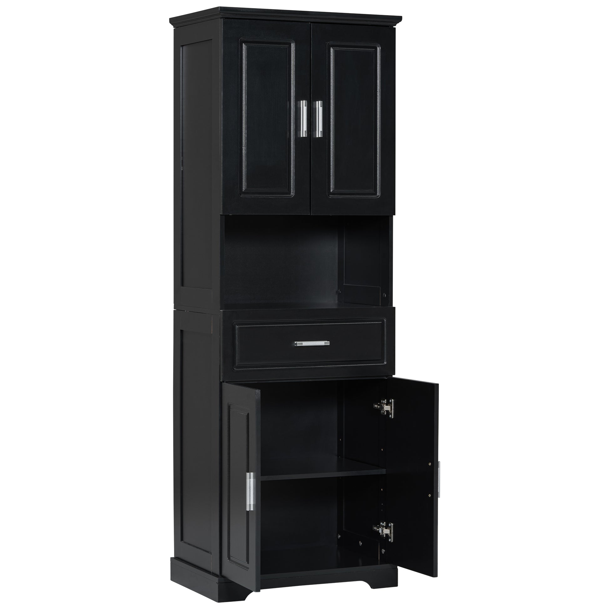 Tall Bathroom Cabinet With Four Doors, Large Storage Space Open Shelve, Upper Storage Cabinet, Black Black Mdf