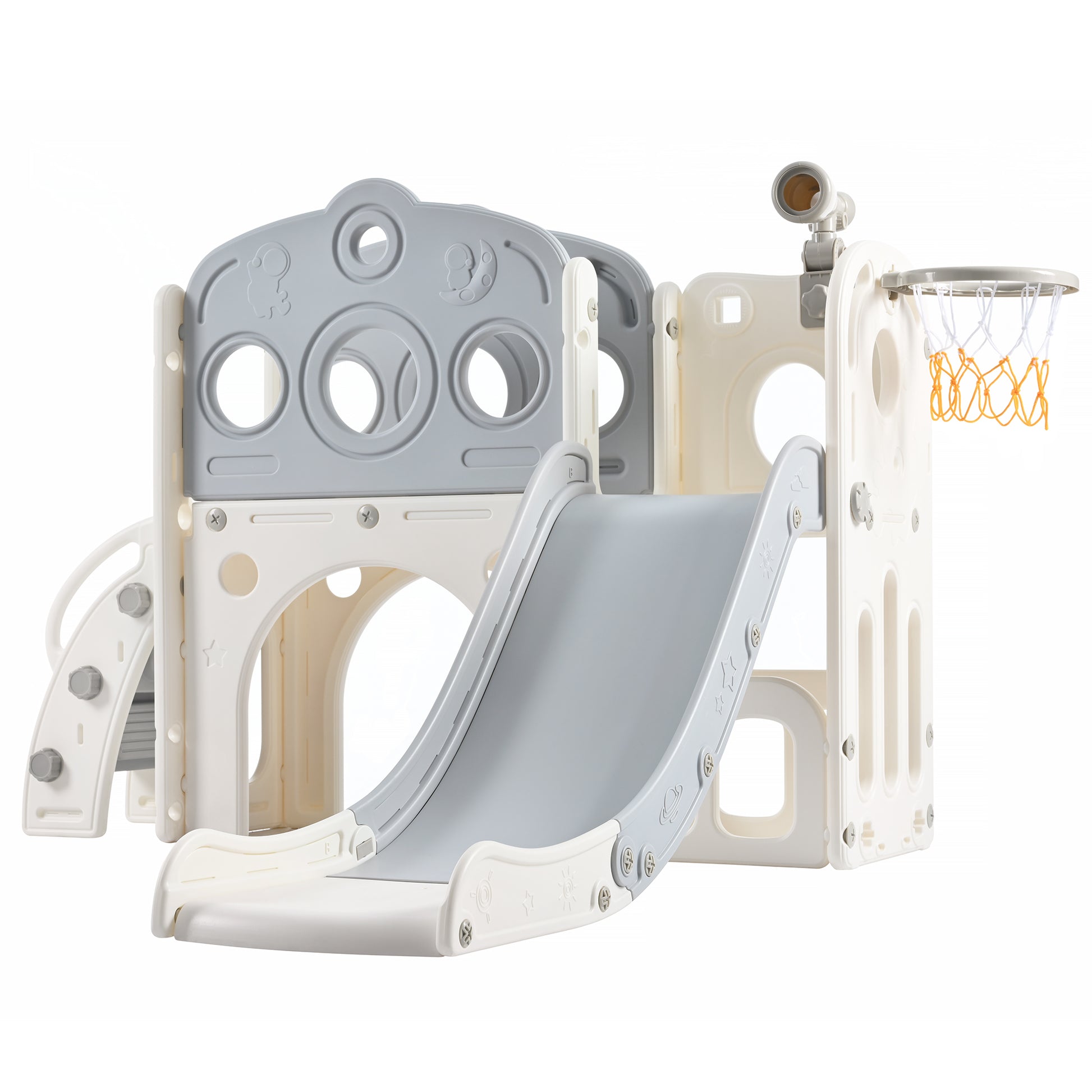 7 In 1 Toddler Slide Set, Freestanding Space Set With Slide, Kids Slide Playset Structure, Arch Tunnel And Basketball Hoop, Toy Storage Organizer For Toddlers, Kids Climbers Playground Grey White 50 99 Lbs Cute 1 To 2 Years Hdpe Indoor & Outdoor Use