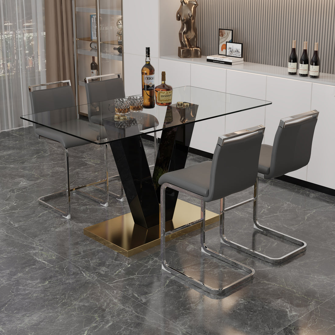 Table And Chair Set. A Rectangular Glass Dining Table With A 0.4 Inch Tempered Glass Tabletop And Mdf Board V Shaped Bracket, Paired With Chairs Consisting Of Pu Seat Cushions And Silver Metal Legs. Black Gray Seats 4 Tempered Glass
