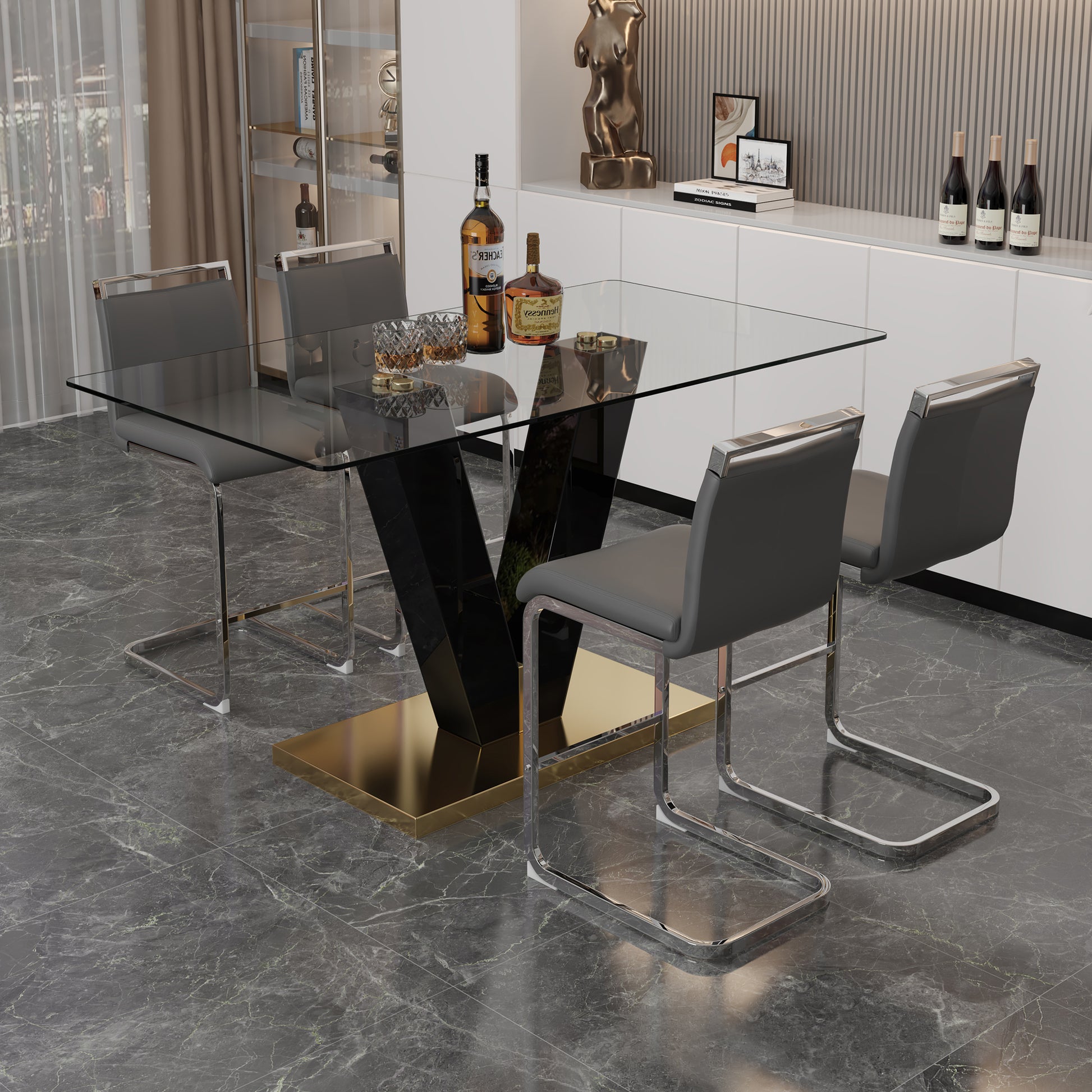 Table And Chair Set. A Rectangular Glass Dining Table With A 0.4 Inch Tempered Glass Tabletop And Mdf Board V Shaped Bracket, Paired With Chairs Consisting Of Pu Seat Cushions And Silver Metal Legs. Black Gray Seats 4 Tempered Glass