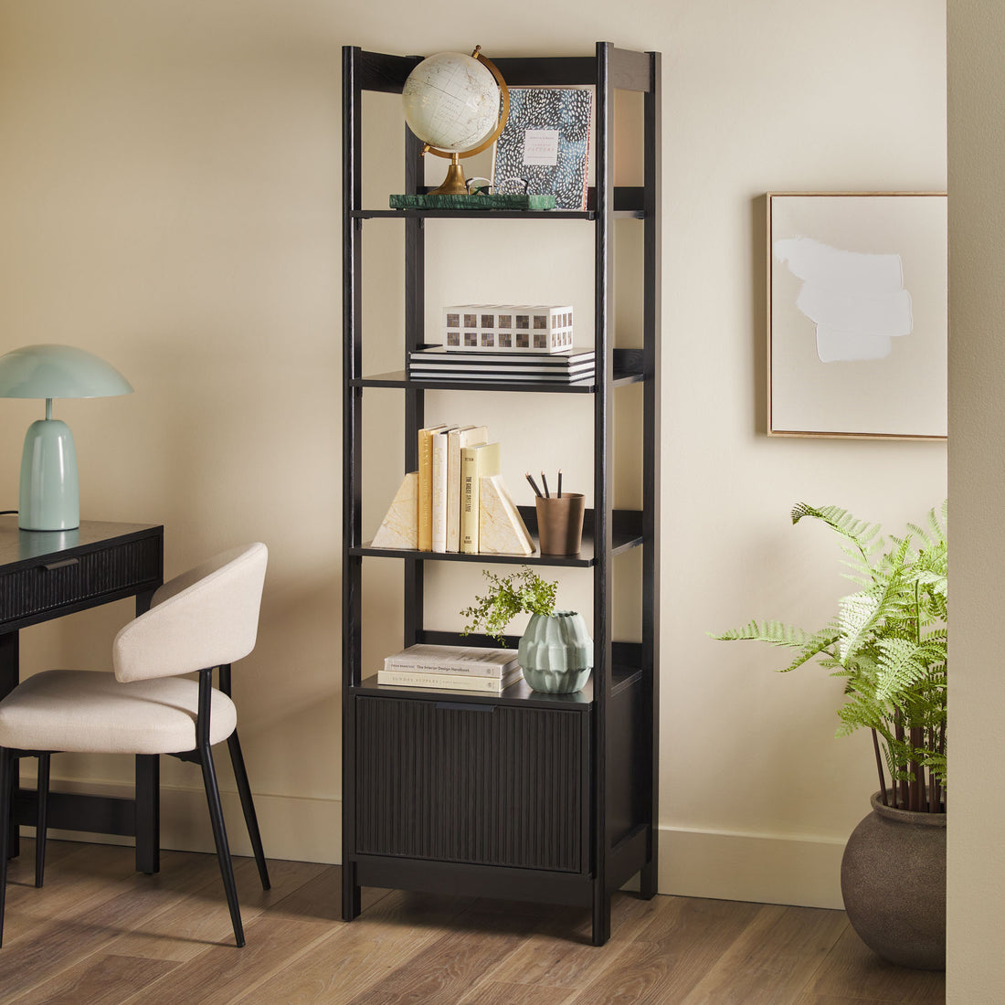 Transitional Narrow Bookshelf With Drawer On Bottom Black Black Mdf Mdf