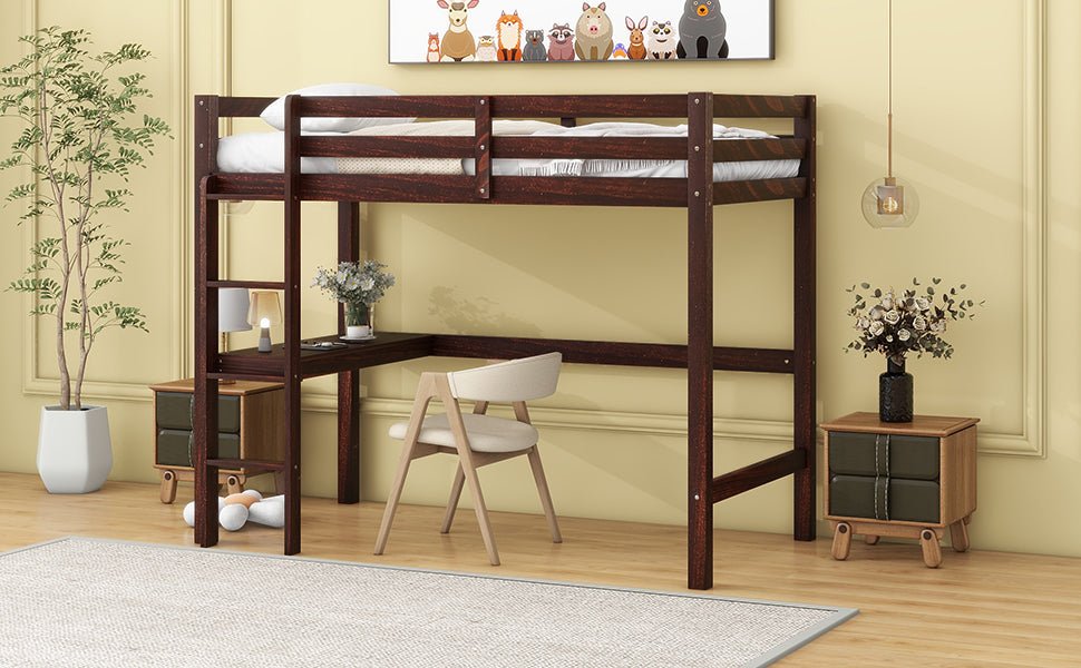 Twin Loft Pine Wood Bed With Built In Desk, Safety Guardrails, Ladder,Espresso Twin Espresso Pine