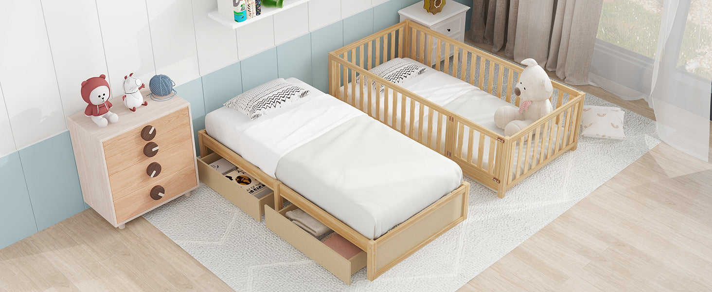 Twin Size Wood Daybed With Fence Guardrails And 2 Drawers, Split Into Independent Floor Bed & Daybed, Natural Old Sku :Lp000881Aan Twin Natural Solid Wood Mdf