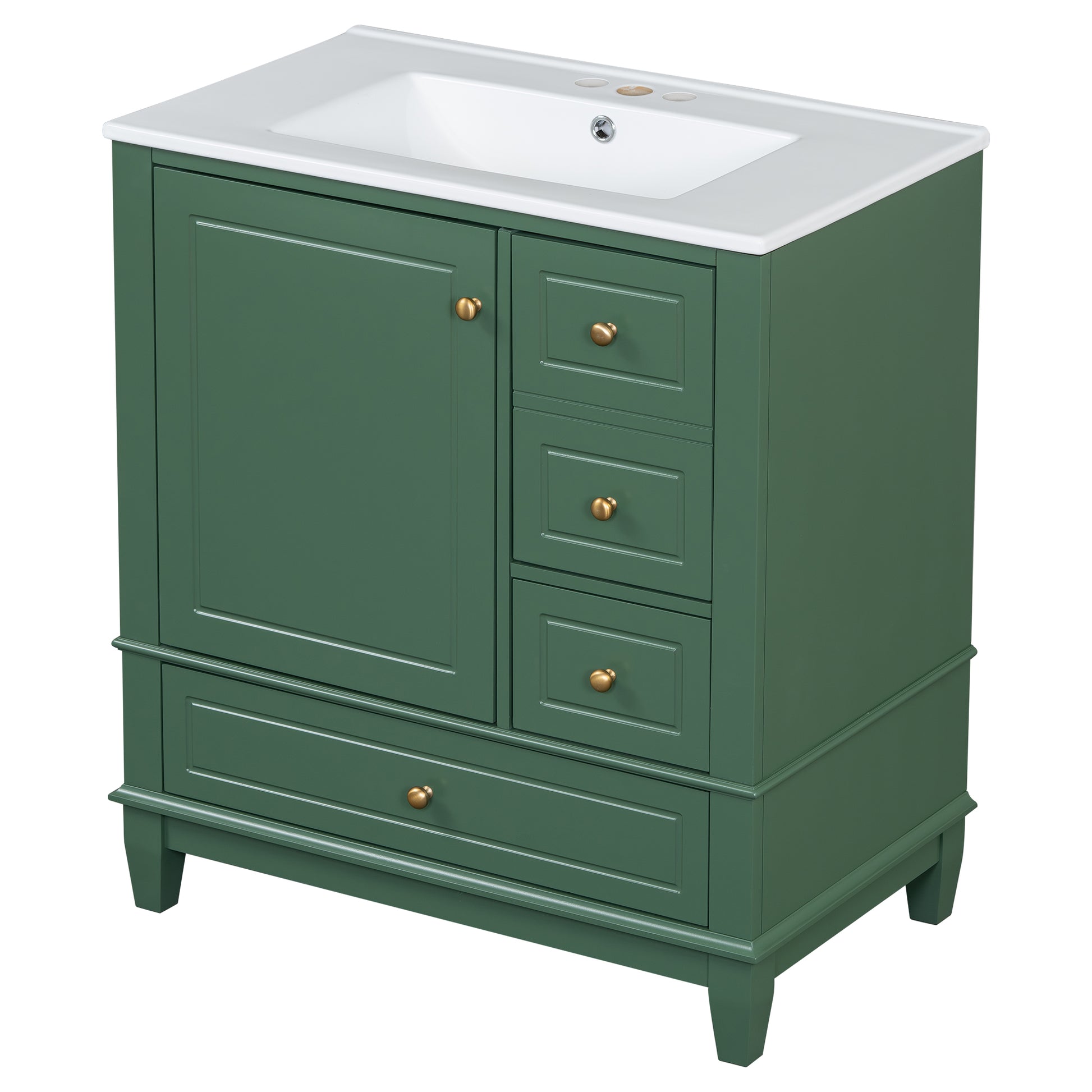 30" Bathroom Vanity With Sink, One Door With Shelf And Three Drawers, Soft Close Door, Green Green Ceramic Mdf,Rubber Wood