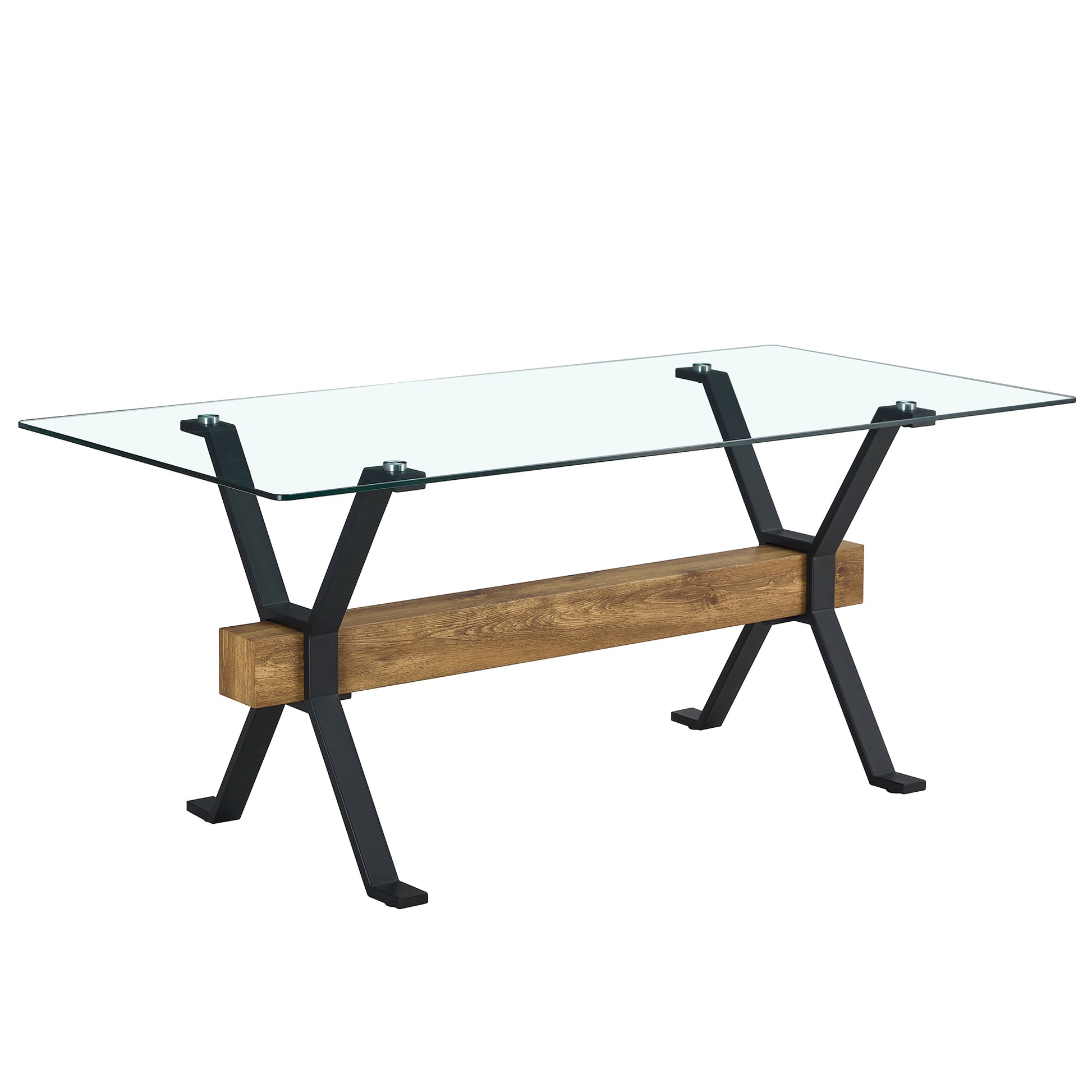 Dining Table. Modern Tempered Glass Dining Table. Large Modern Office Desk With Black Metal Legs And Mdf Crossbars, Suitable For Home And Office Use. 6 High End Cushioned Seats.F1105 B0501A Transparent Mdf Glass