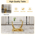 Table And Chair Set.Modern Rectangular Dining Table With Transparent Tempered Glass Tabletop And Gold Plated Metal Legs.Paried With 6 Comfortable Chairs With Pu Seats And Golden Metal Legs. Grey Gold,Transparent Seats 6 Glass Metal