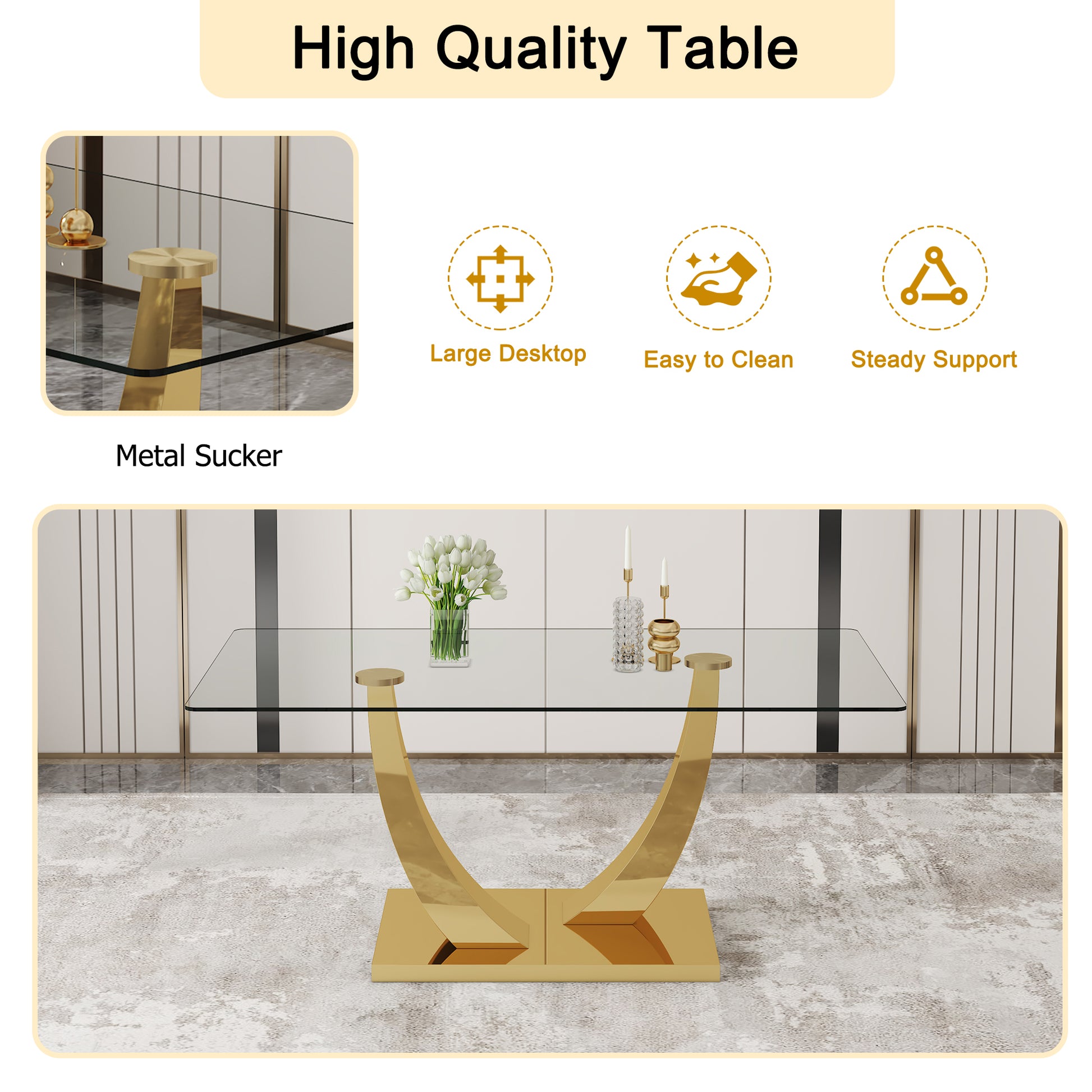 Table And Chair Set.Modern Rectangular Dining Table With Transparent Tempered Glass Tabletop And Gold Plated Metal Legs.Paried With 6 Comfortable Chairs With Pu Seats And Golden Metal Legs. Grey Gold,Transparent Seats 6 Glass Metal