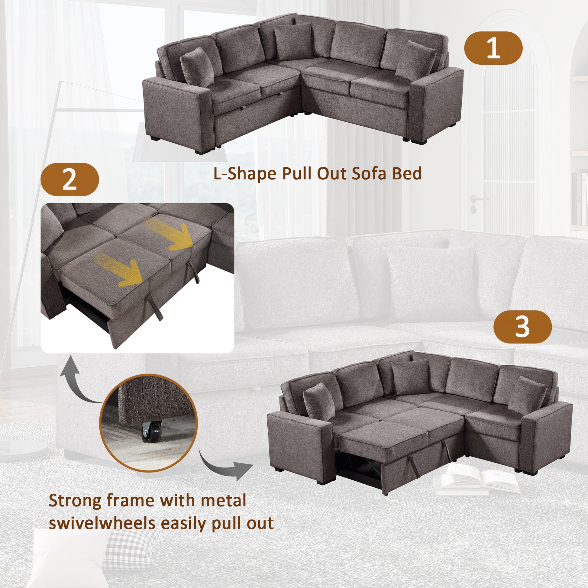 Modular Sofa, Sectional Couch L Shaped Sofa Couch With Pullout Sleeper, 5 Seat Chenille Corner Sofa For Living Room, 3 Pillows Included, Light Brown Light Brown Chenille Foam Plywood 5 Seat