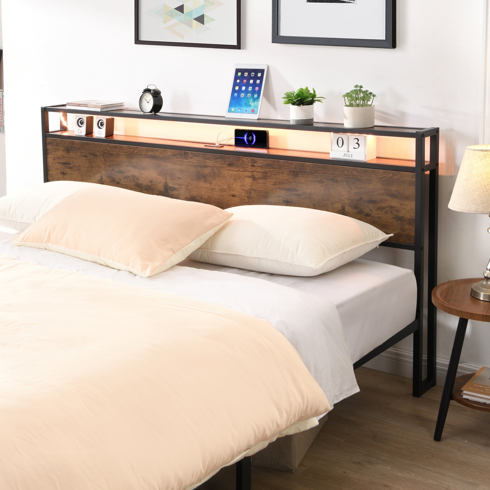 Industrial King Bed Frame With Led Lights And 2 Usb Ports, Bed Frame King Size With Storage, Noise Free, No Box Spring Needed, Rustic Brown Box Spring Not Required King Antique Brown Metal Brown Bedroom Industrial Metal & Wood