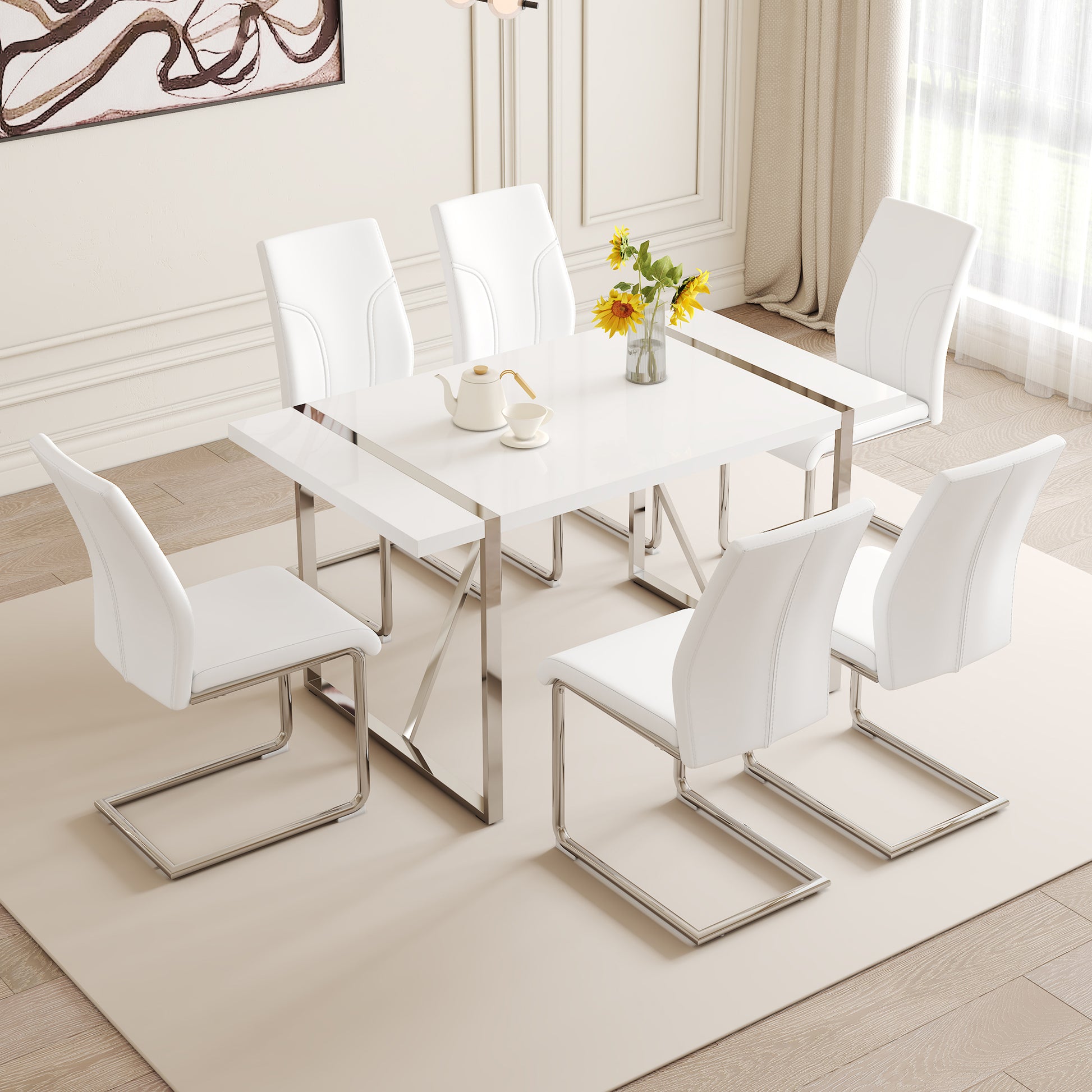 Table And Chair Set.55"X31.5" Mdf Painting Dining Table Set With 6 Pu Chairs.Showcasing A Modern And Stylish Look.Suitable For Dining Room.Mdf Painting,Iron Pipe Plating,Pu Chiairs,White. White