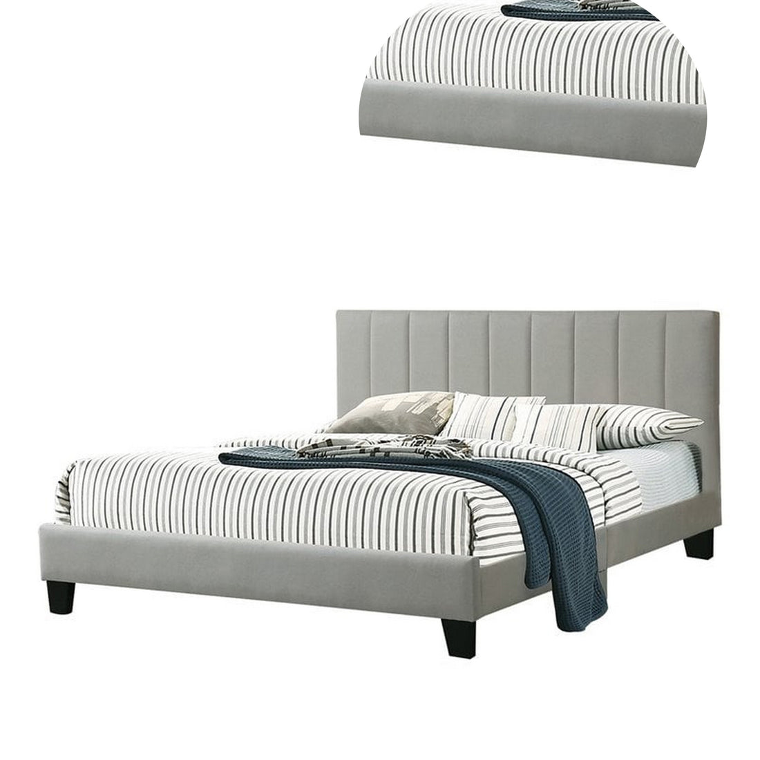 Eve Platform King Size Bed, Vertical Channel Tufted Light Gray Upholstery Light Gray Wood