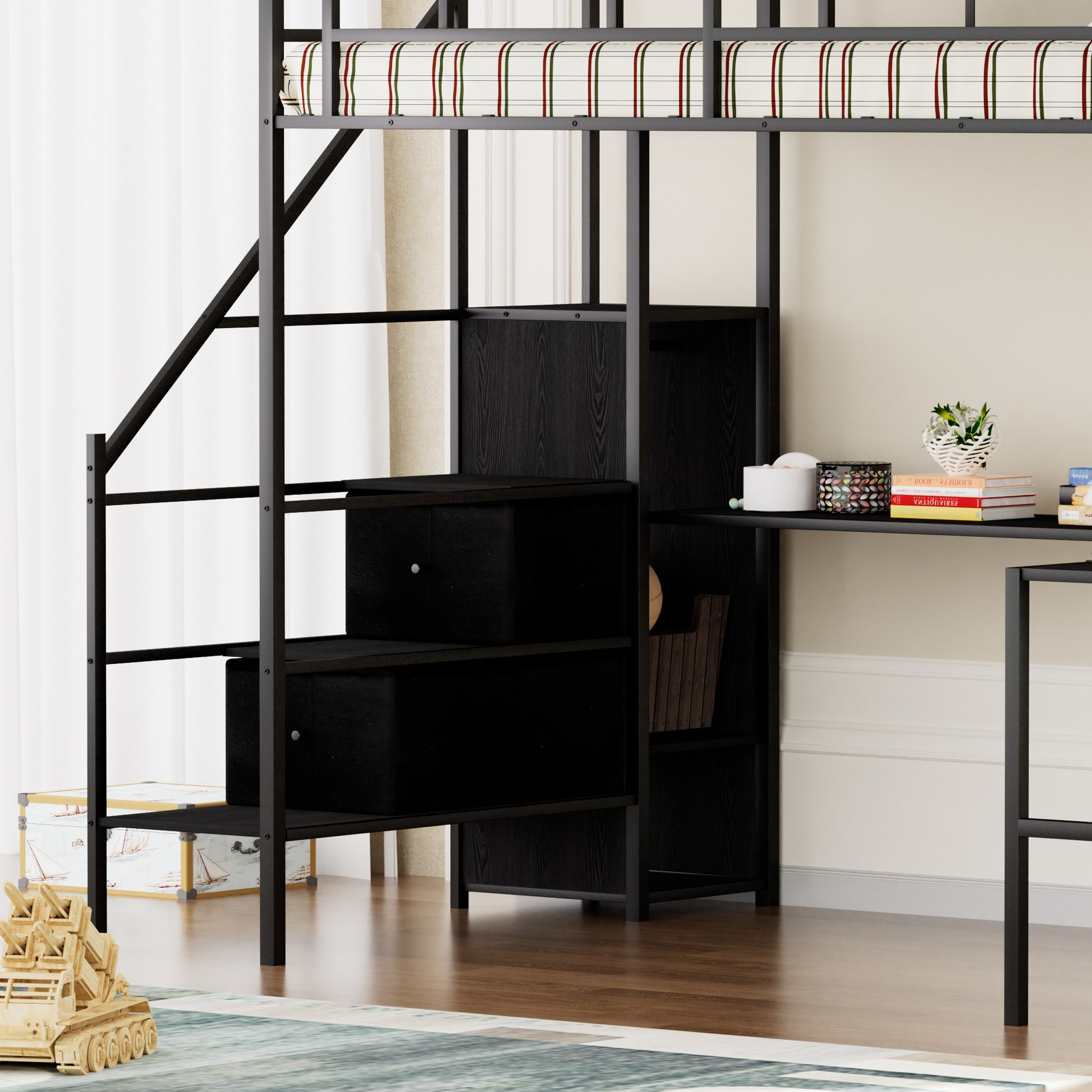 Full Size Metal Loft Bed With L Shaped Desk, Led Lights, Charging Cradle, Led Loft Bed Frame, Full Size Bed With One Cabinet Wardrobe And 2 Fabric Drawers, Safety Rails And Ladder, Black Black