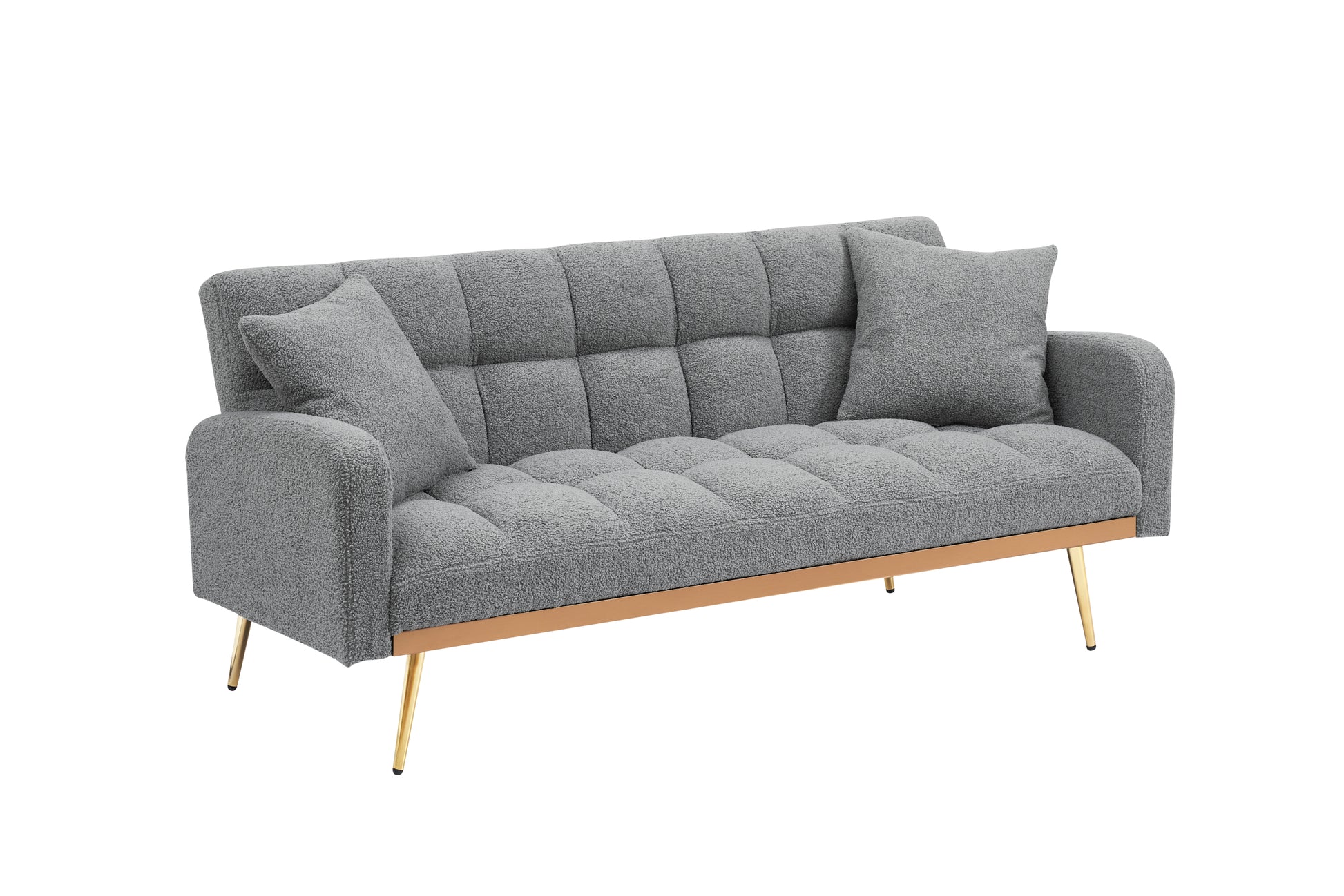 69 Inch Grey Sofa Bed With Adjustable Sofa Teddy Fleece 2 Throw Pillows Gray Fabric 2 Seat