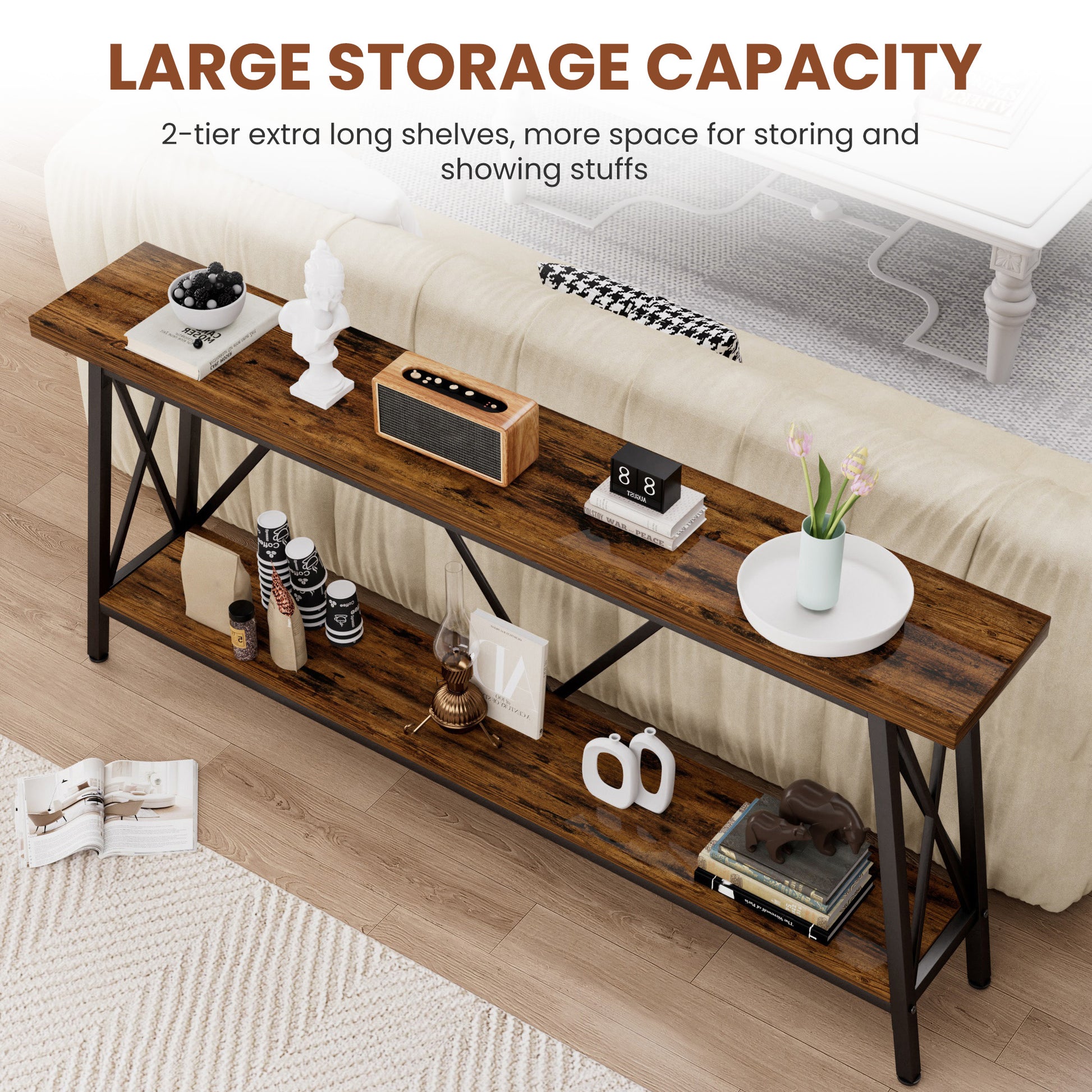 70.9 Inch Extra Long Sofa Table, Console Behind Sofa, Entryway Table With 2 Tier Storage Shelves For Hallways,Living Rooms,Foyers,Entryways,Banquet Rooms,Rustic Brown And Black, 70.9 L X 11.8"W X