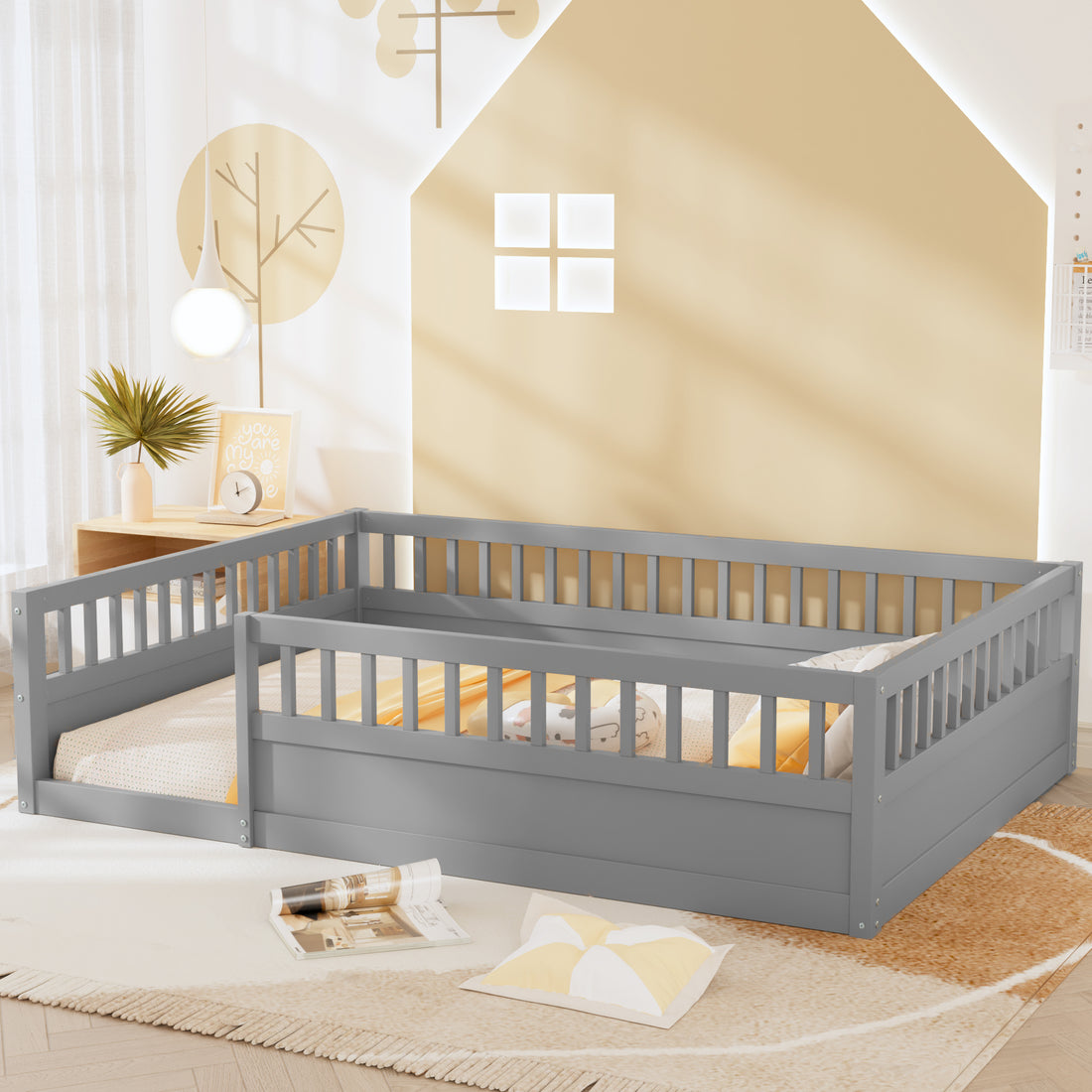 Full Floor Bed Frame With Fence, Wood Kids Floor Beds Frame For Bedroom Playroom,Gray Expect Arrive Date Jul. 10Th Full Grey Pine