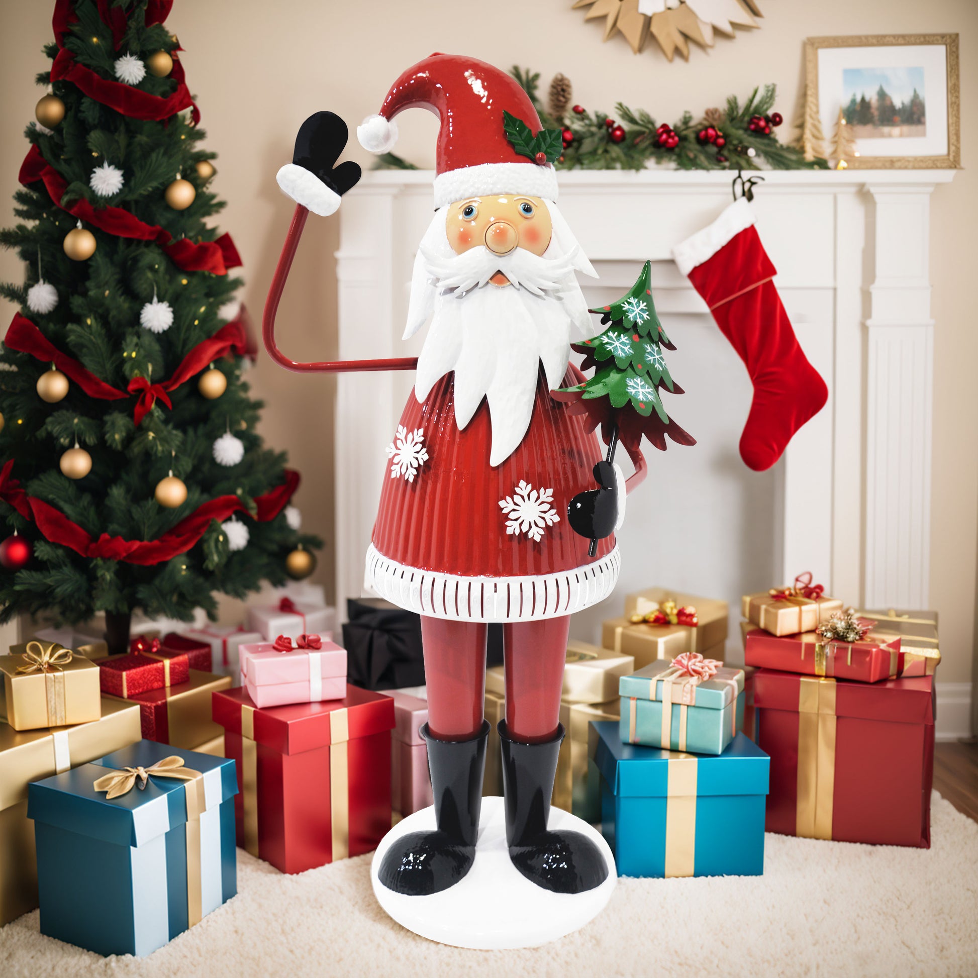 Cheerful Santa Claus Holding Tree And Waving Red Iron