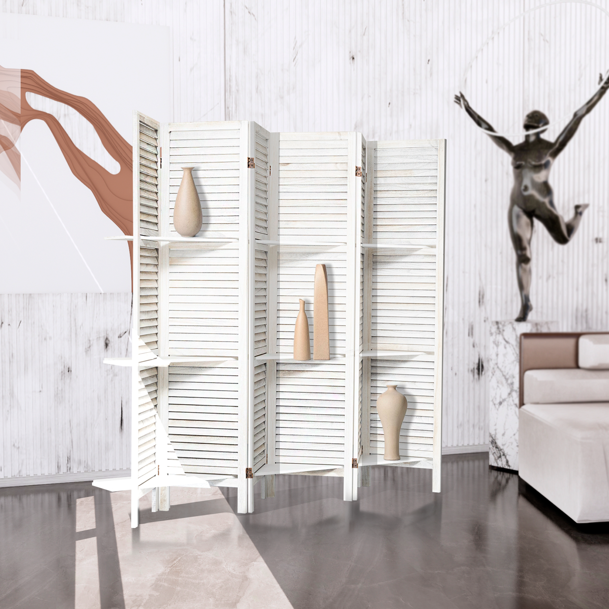 Room Divider With Shelves, 6 Panel Room Dividers And Folding Privacy Screens, Partition Room Divider Temporary Wall, Freestanding Room Divider For Home Office Studio Apartment White White Modern Wood