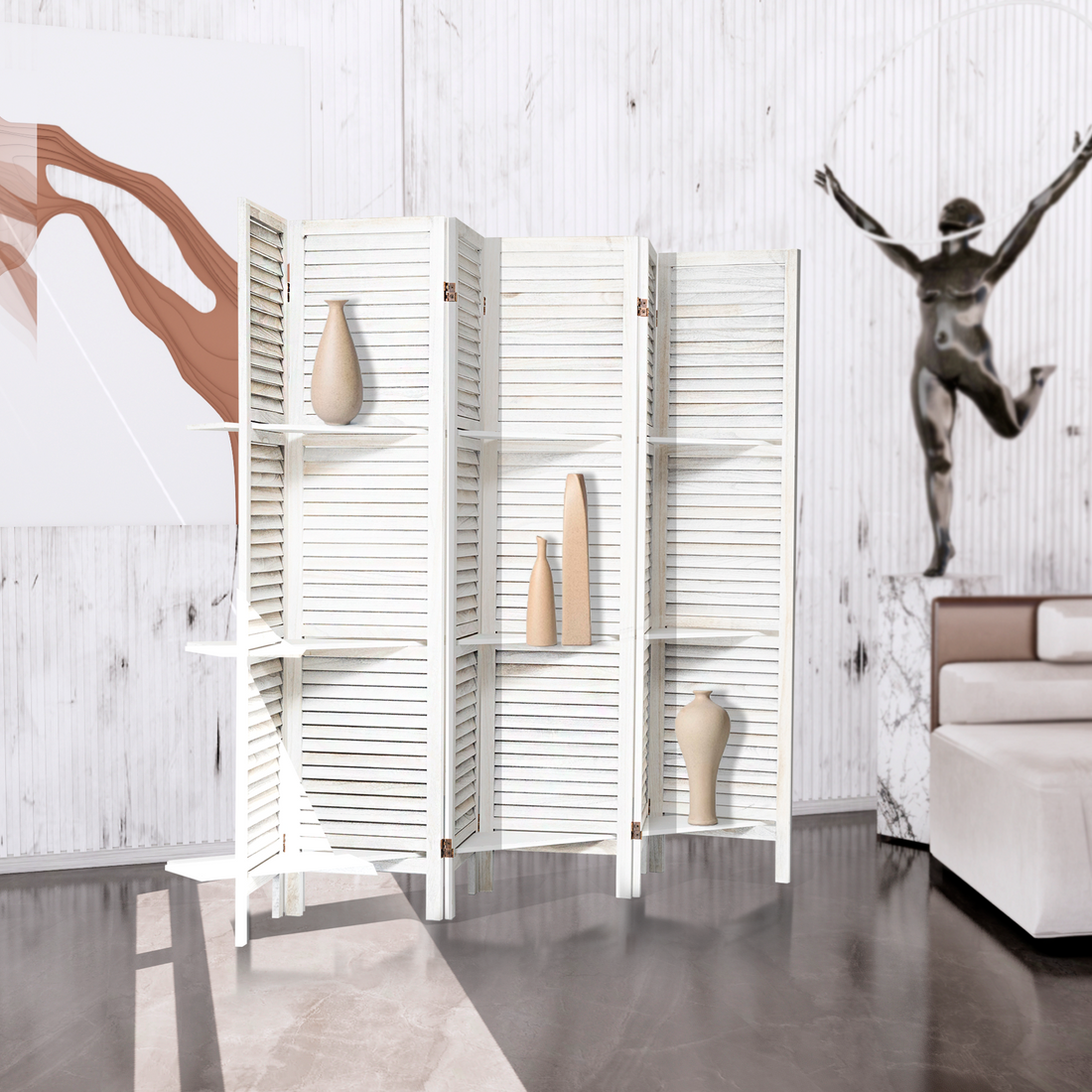 Room Divider With Shelves, 6 Panel Room Dividers And Folding Privacy Screens, Partition Room Divider Temporary Wall, Freestanding Room Divider For Home Office Studio Apartment White White Modern Wood