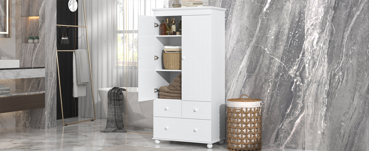 Tall Storage Cabinet With Three Drawers For Bathroom Office, White White Mdf