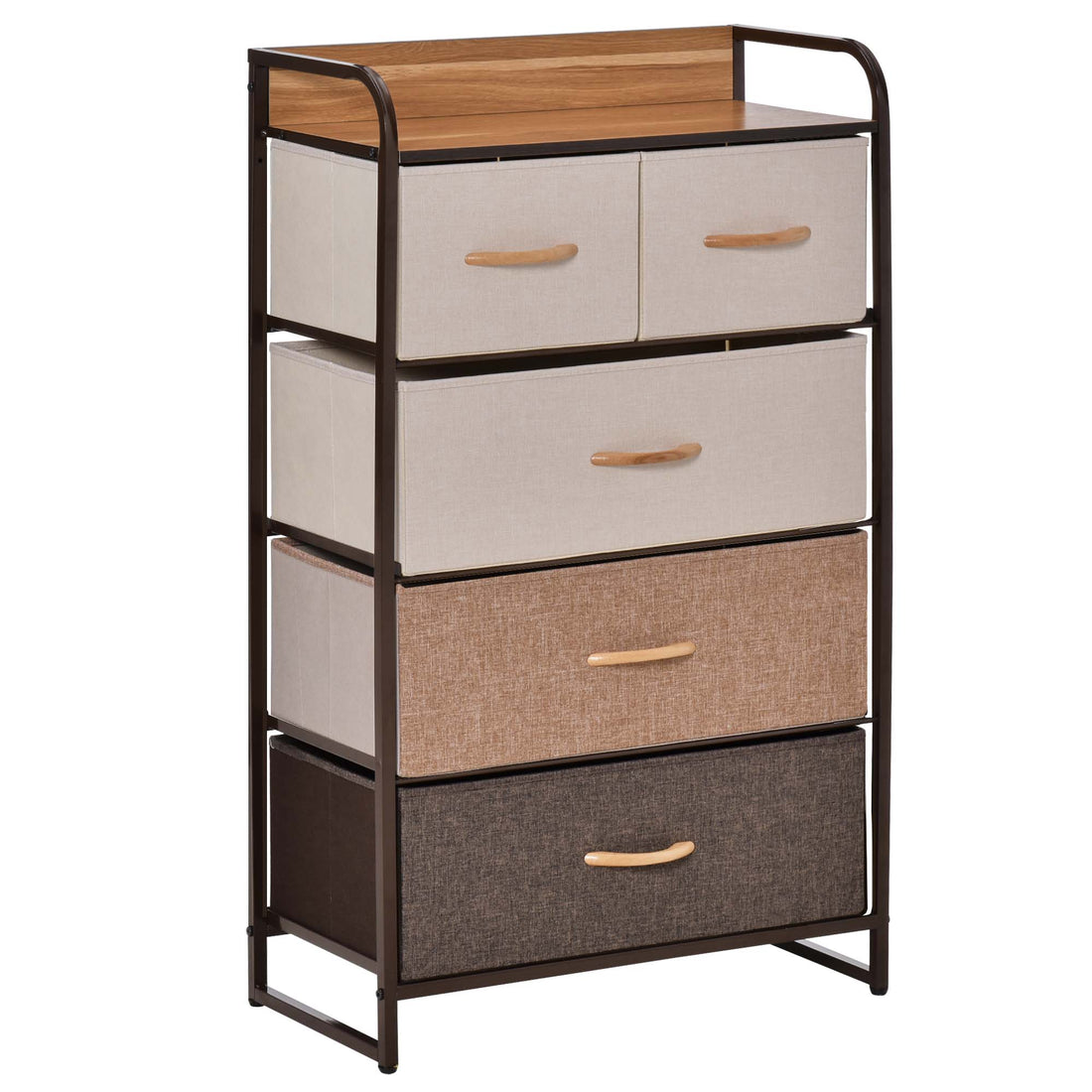 Homcom 5 Drawer Dresser, Fabric Drawers, 4 Tier Storage Organizer For Bedroom Entryway, Tower Unit With Steel Frame Wooden Top, Maple Wood Brown Mdf