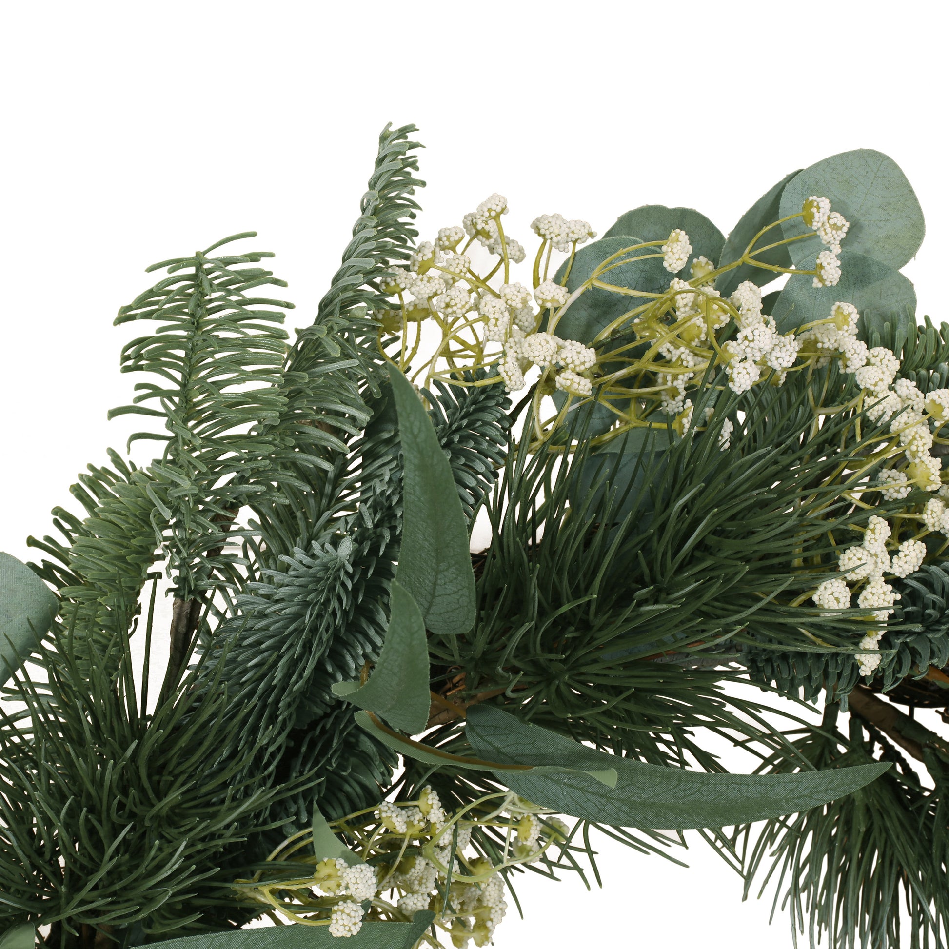 30In Eucalyptus Leaves, Pine Twigs, Stars Wreath White Green Rattan