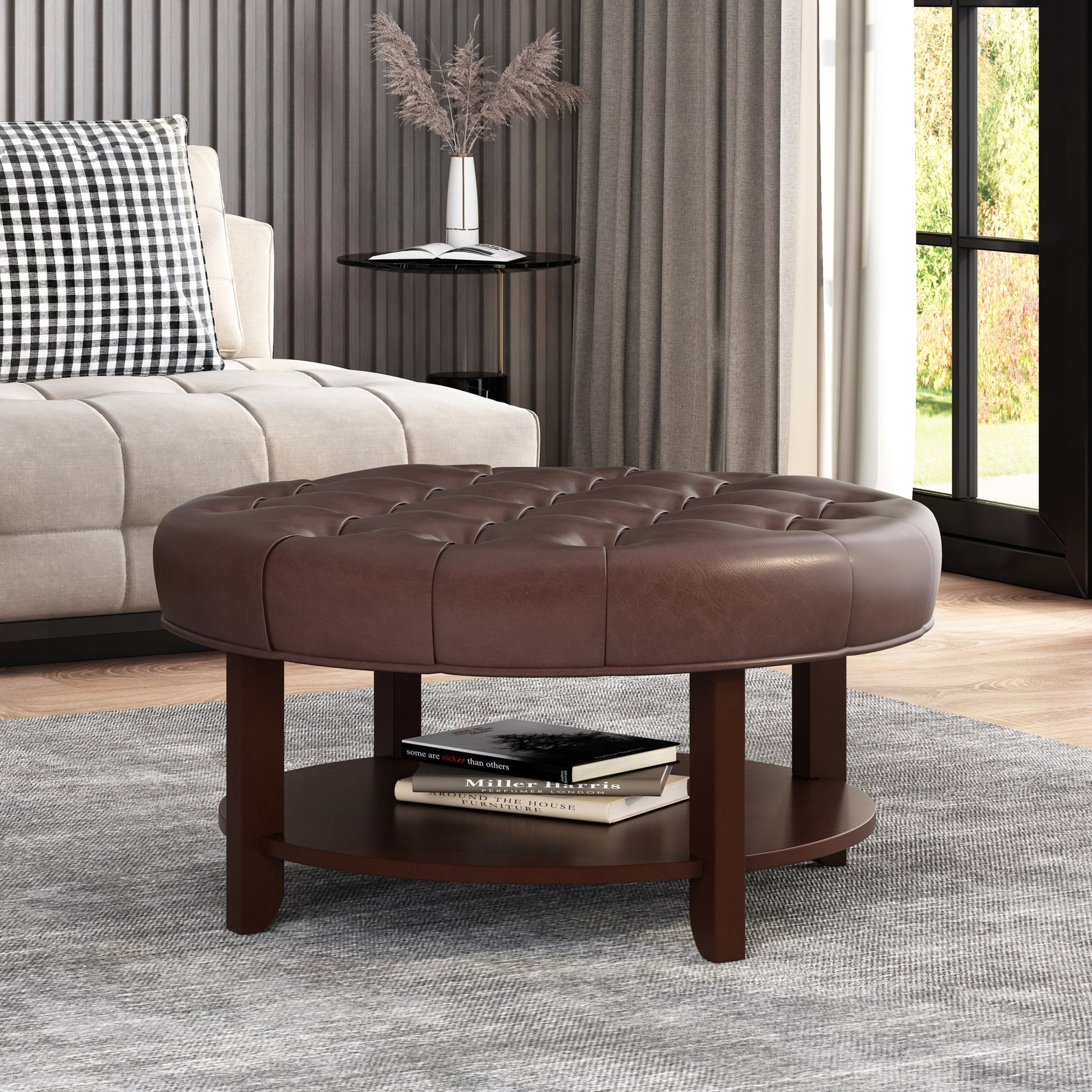 Round Ottoman Dark Brown Pu