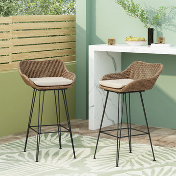 Outdoor 29.25'' Wicker And Iron Barstool With Cushion Set Of 2 Light Brown Garden & Outdoor Pe Rattan Iron Waterproof Fabric