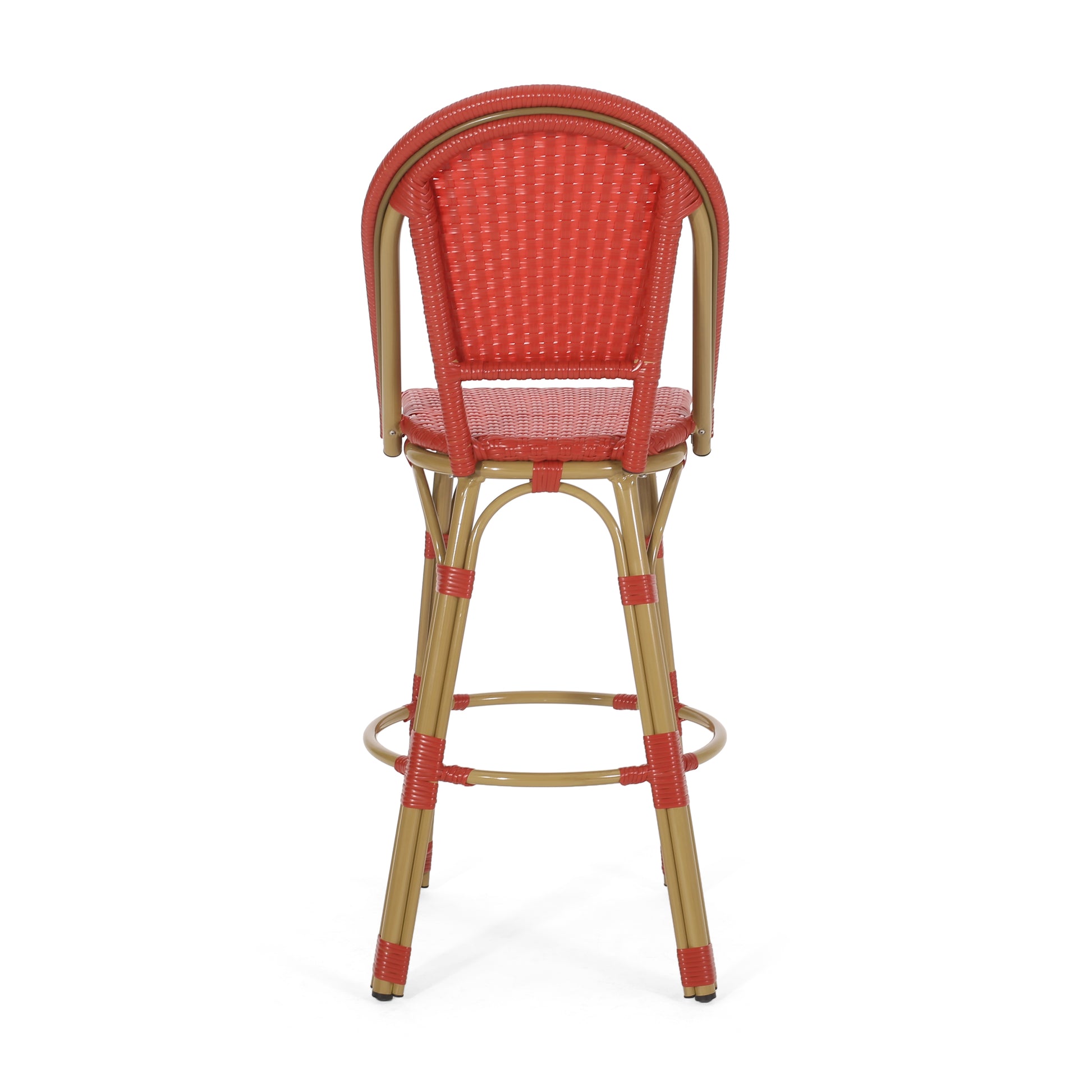 29.5" Outdoor Pe Rattan And Aluminum French Barstools, Set Of 2, Red And Bamboo Finish No Red Rust Resistant Frame Garden & Outdoor French 2 Person Seating Group Aluminum,Wicker