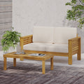 Teak Acacia Wood Loveseat And Coffee Table Set With Cream Cushions Yes Brown Seats 2 Foam Acacia Wood