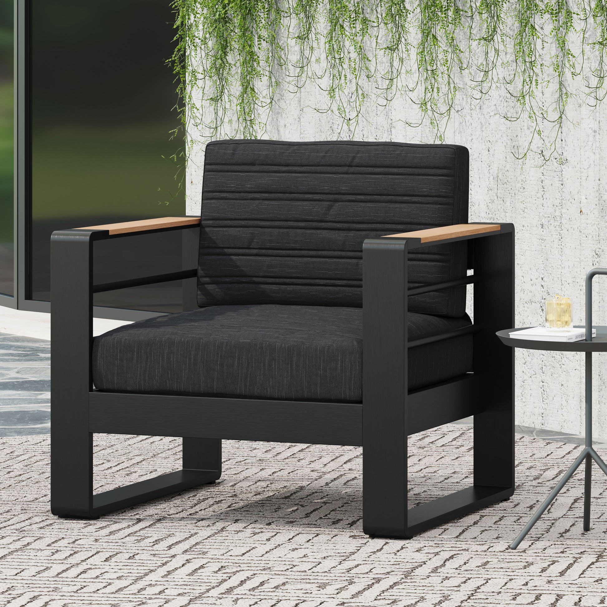 Outdoor Club Chair, Black Natural Dark Gray Black Metal & Wood