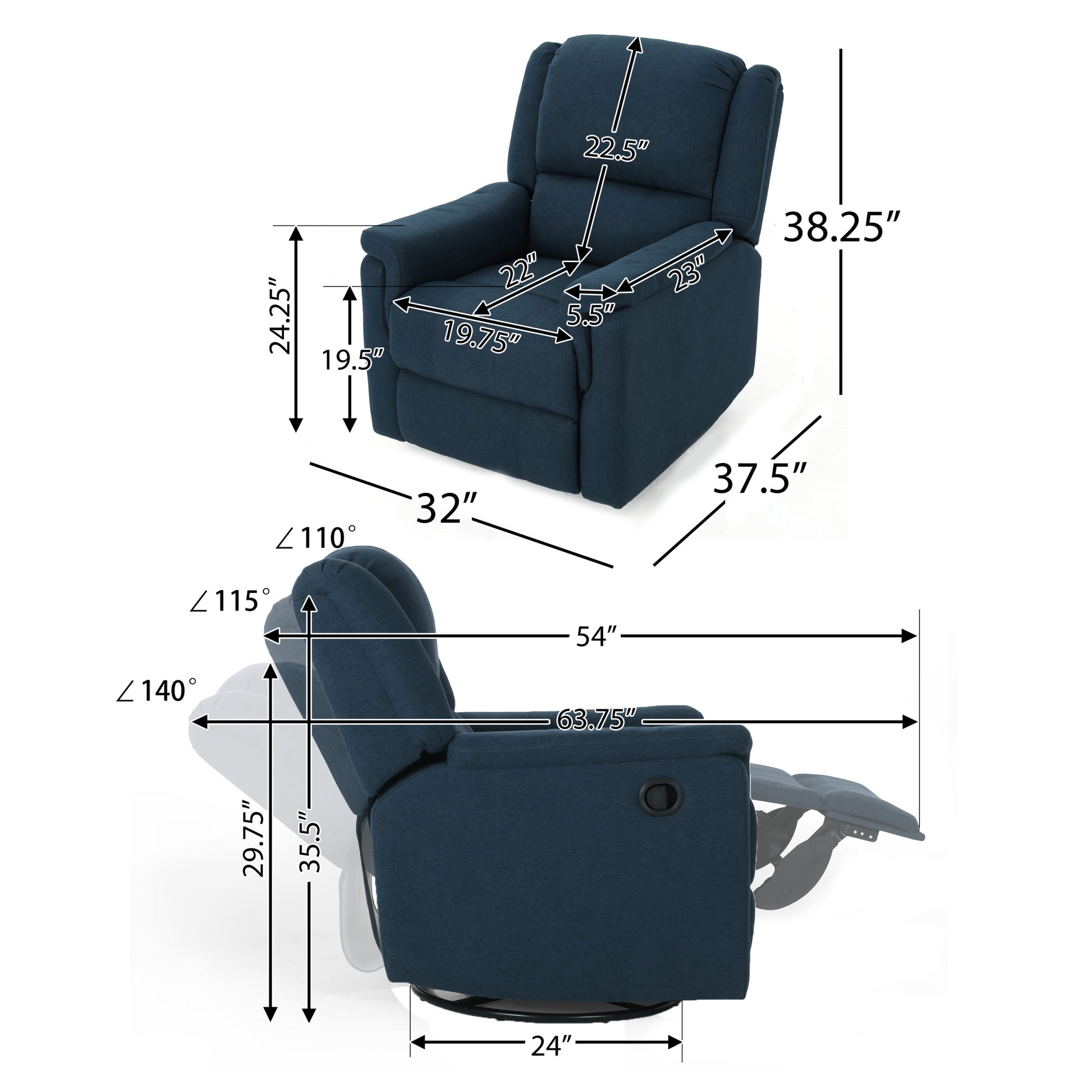 Glider Recliner With Swivel Navy Blue Fabric