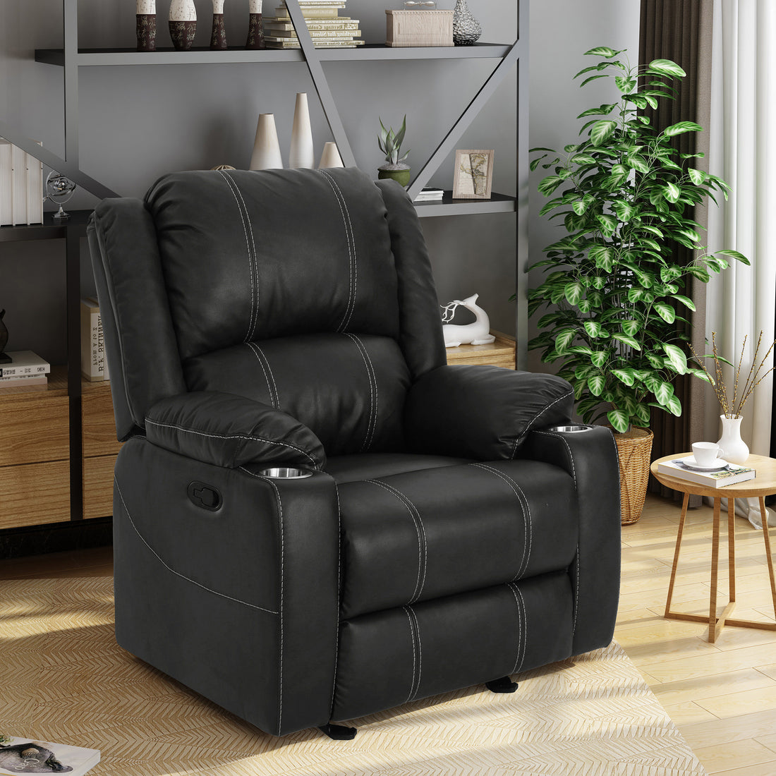 Glider Recliner With Steel Cup Holders Black Pu