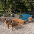 Outdoor Acacia Wood Sofa Set With Water Resistant Cushions, 4 Pcs Set, Brown Patina Teal Blue Teal Blue Acacia Wood