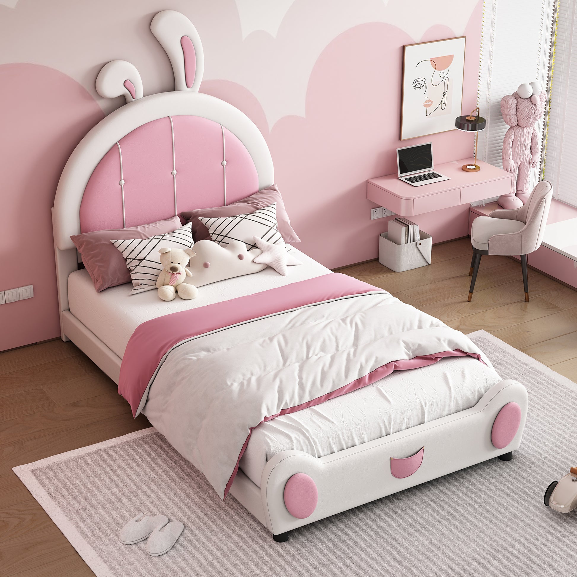 Twin Size Upholstered Platform Bed With Rabbit Shaped Headboard, White Box Spring Not Required Twin White Pink Wood Bedroom Bed Frame Faux Leather Upholstered