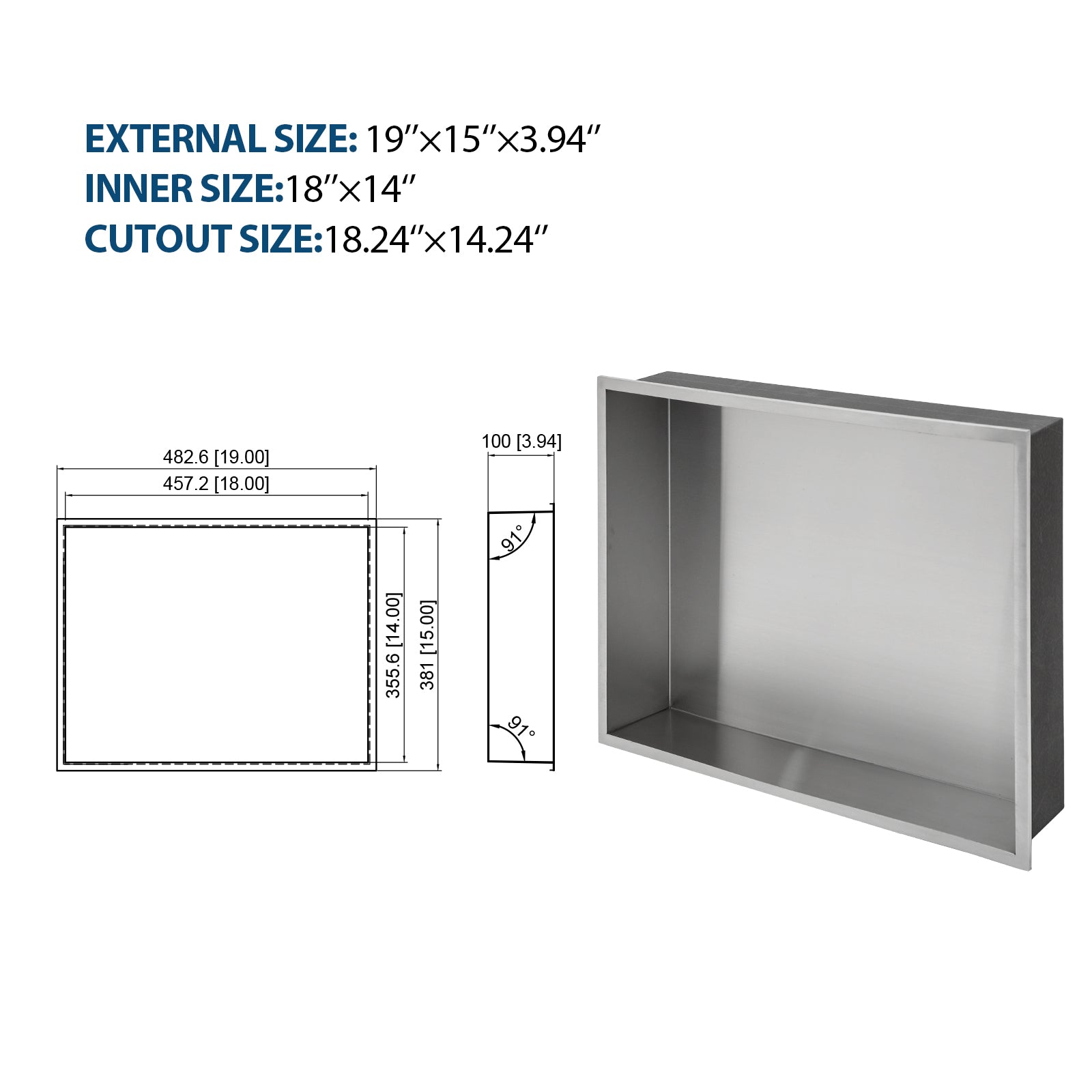 19" X 15" Stainless Steel Shower Niche, Brushed Nickel Brushed Nickel Stainless Steel