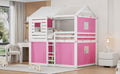 Full Size Bunk Wood House Bed With Tent, Pink White Full Pink White Solid Wood Mdf