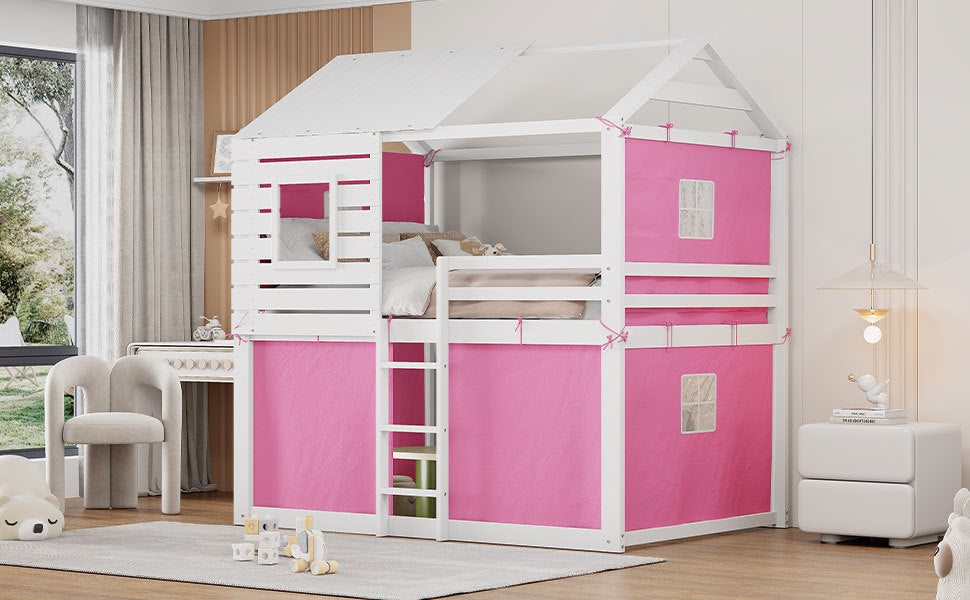 Full Size Bunk Wood House Bed With Tent, Pink White Full Pink White Solid Wood Mdf