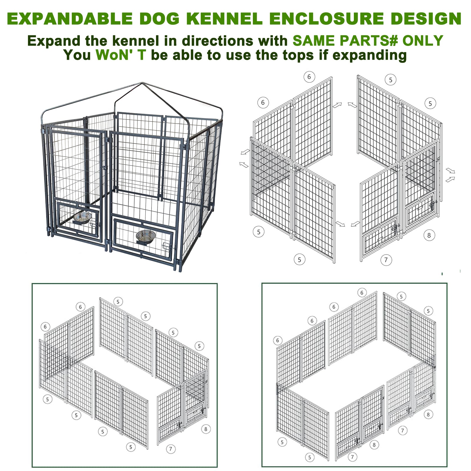 Outdoor Dog Kennel 4.5' X 4.5' X 4.8' With Waterproof Heavy Duty Metal Dog Cage,Outside Dog Enclosure With Lockable Door With Roof & Rotating Feeding Door,2 Bowl Holders And Bowls For Small Medium Dog Grey Outdoor Kennel Metal