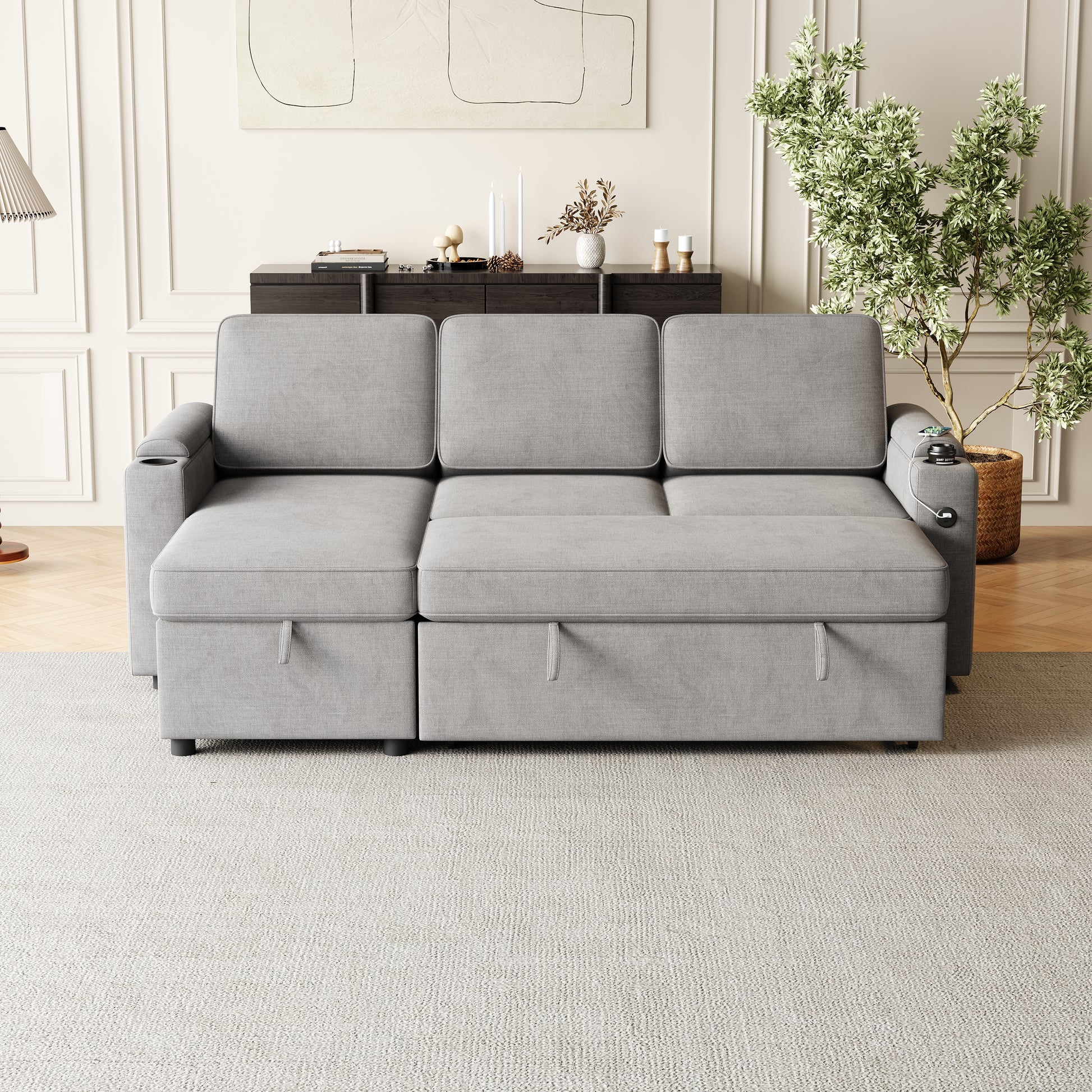 Mh85.8" Sleeper Sofa, Sofa Bed 2 In 1 Pull Out Sofa Bed With Storage Sofa, Sofa Sleeper With Pull Out Bed With Charging Port Dark Grey Polyester Primary Living Space Eucalyptus Polyester Fabric 3