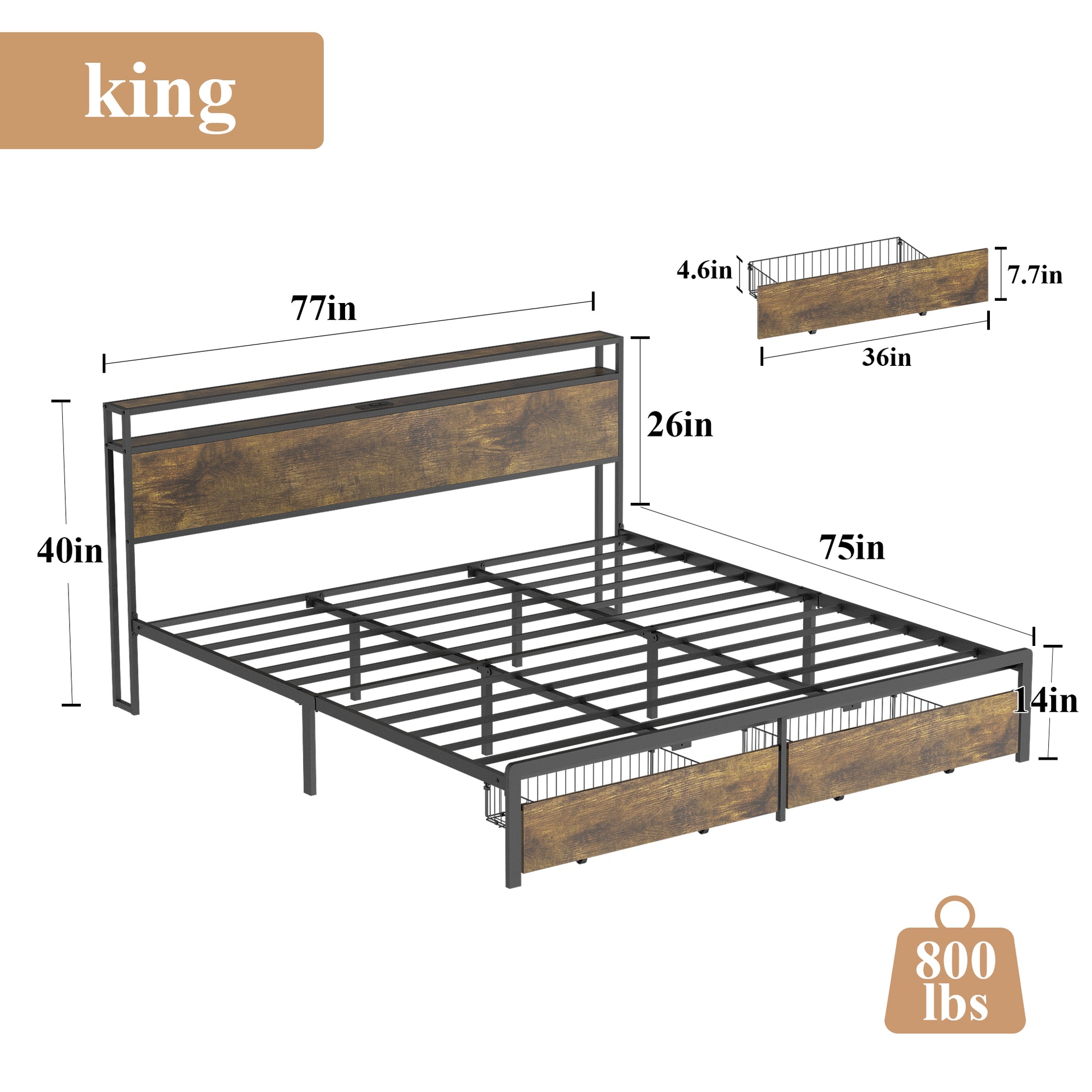 King Bed Frame With Led Lights And Charging Station Robust Metal Wood Construction, Rustic Wood Platform Bed Frame With 2 Drawers, No Box Spring Needed, Noise Free, Vintage Brown, Easy Assemble Box Spring Not Required King Black Brown Metal Brown Bedroom