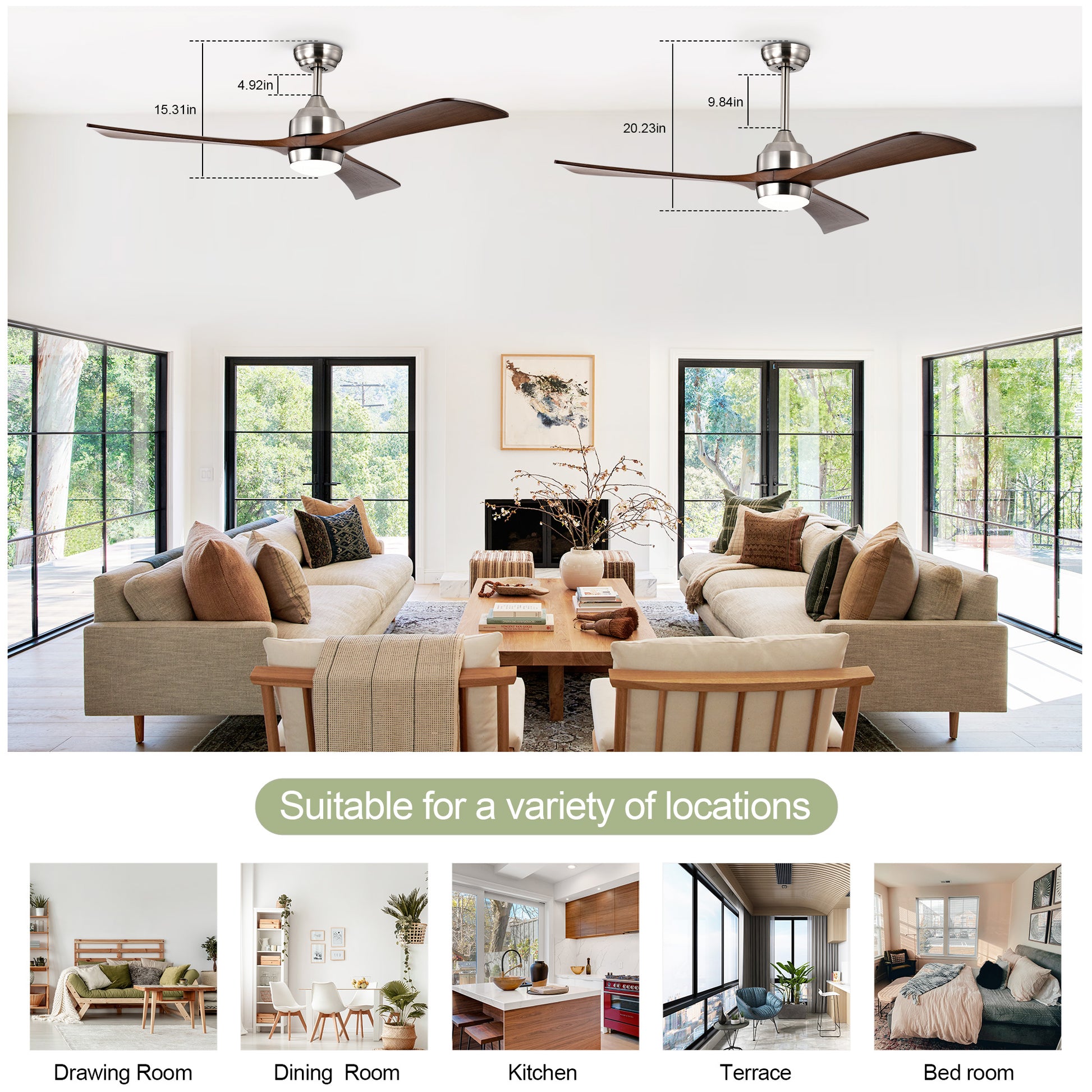 52" Ceiling Fan With Lights Remote Control,Quiet Dc Motor 3 Wood Blade Ceiling Fans 6 Speed Levels,Reversible Ceiling Fan, For Patio Living Room, Bedroom, Office,Indoor. Stain Nickel Walnut Nickel Contemporary,Farmhouse,Industrial Wood Iron