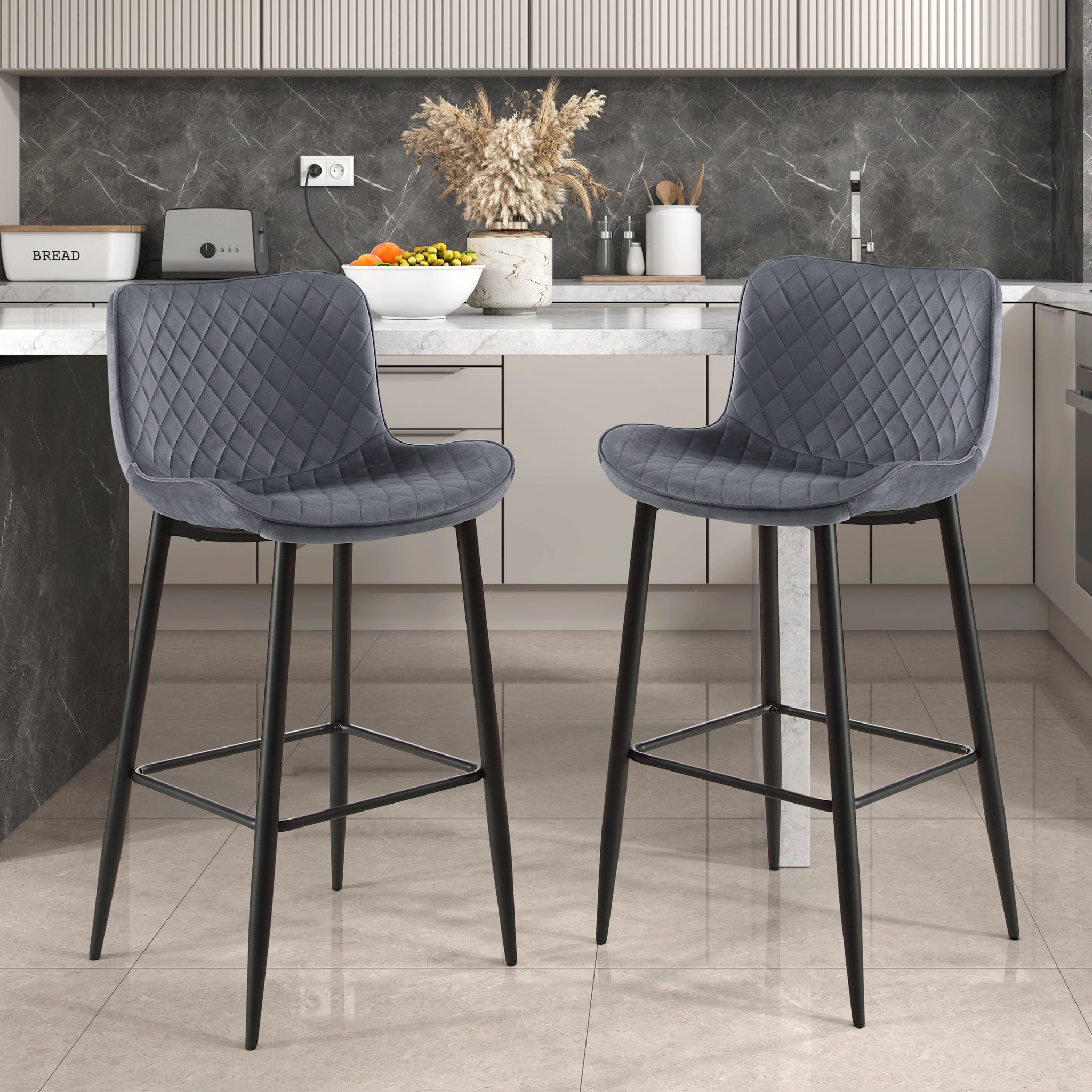 Set Of 2 Pub Height Chairs Dark Gray Velvet Upholstery Modern Casual Dining Furniture Metal Legs, 29 Inch Seat Height, Bar Chairs Dark Gray Metal