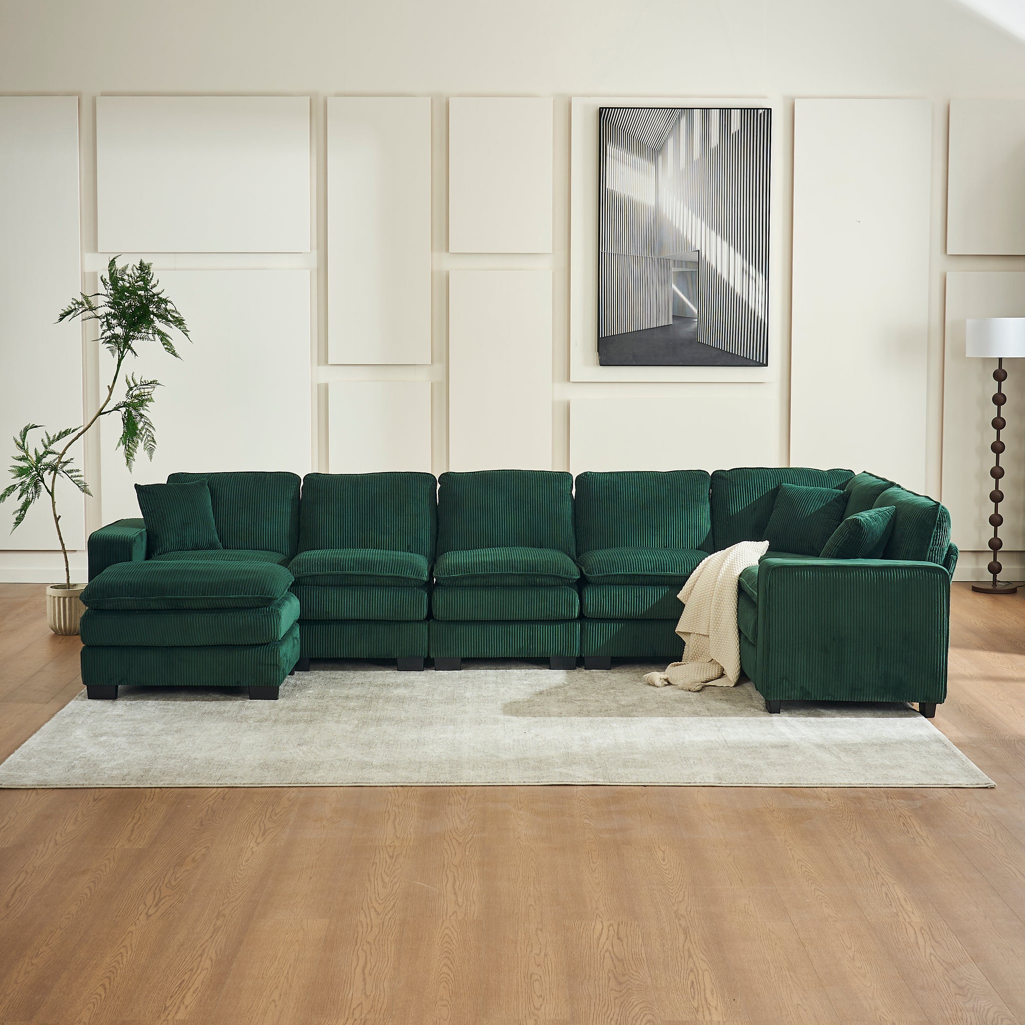 Modern U Shaped 6 Seat Sectional Sofa Couch With One Ottoman And Three Toss Pillows ,Modular Sofa For Living Room,Corduroy Sofa Green Corduroy 7 Seat