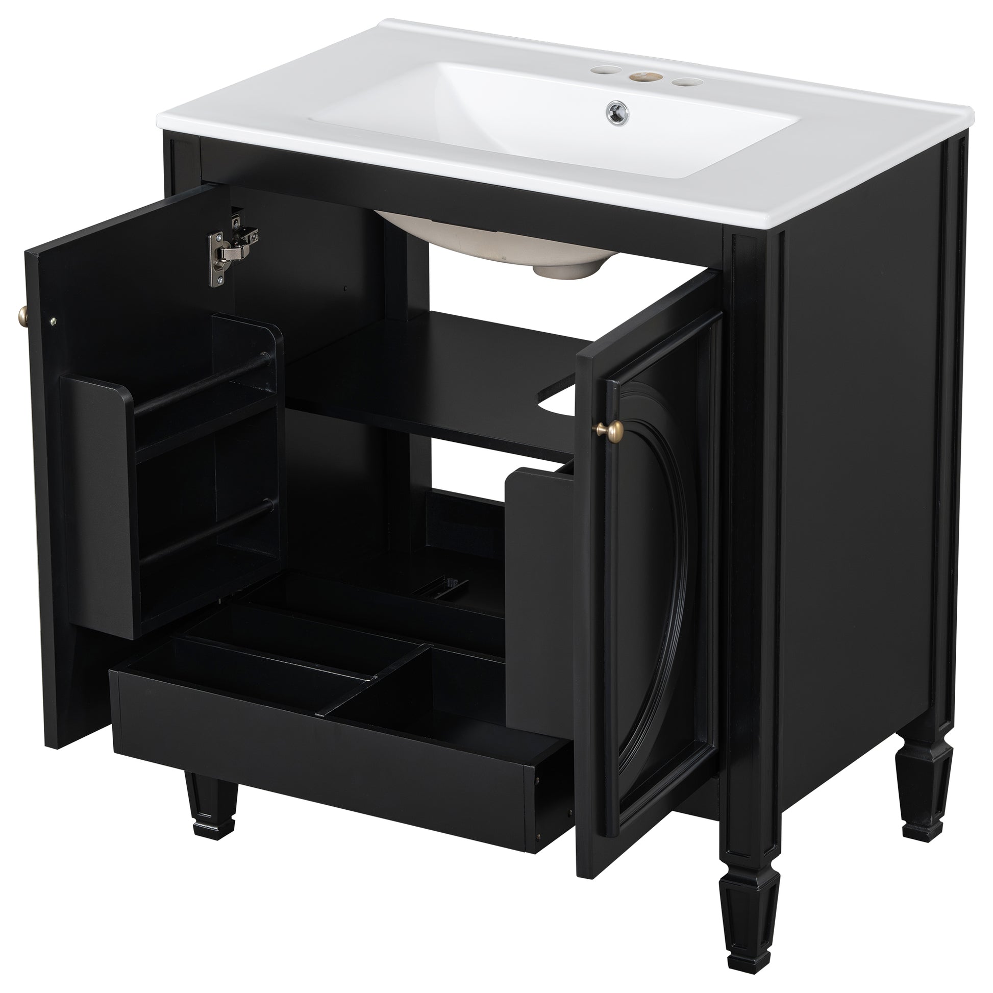 30" Bathroom Vanity With Sink, Two Doors With Shelf, Soft Close Door Hinges, Vintage Style, Black Black Ceramic Mdf,Rubber Wood