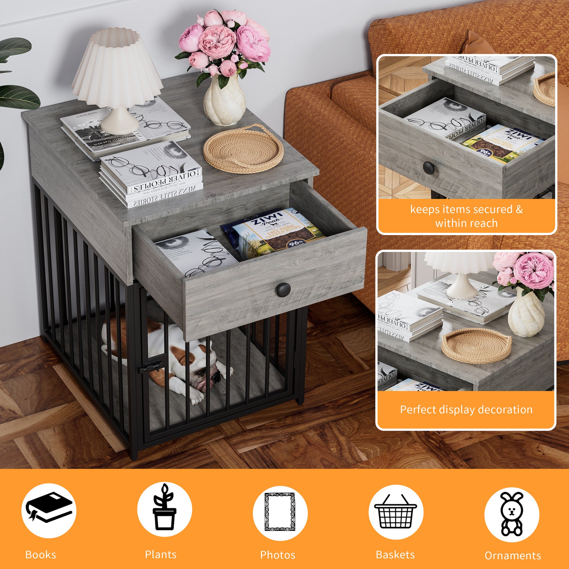 Dog Crate Furniture, Dog House, Decorative Dog Kennel With Drawer, Indoor Pet Crate End Table For Small Dog, Iron Tube Dog Cage, Chew Proof Gray Mdf