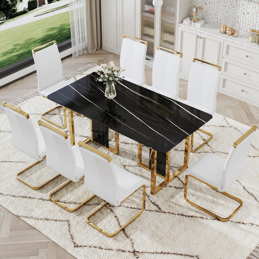 Table And Chair Set. Modern Dining Table With Mdf Top And Beautiful Mdf Legs. Equipped With Comfortable Pu Chairs And Metal Legs. Suitable For A Wide Range Of Decorative Styles. Black,White Seats 8