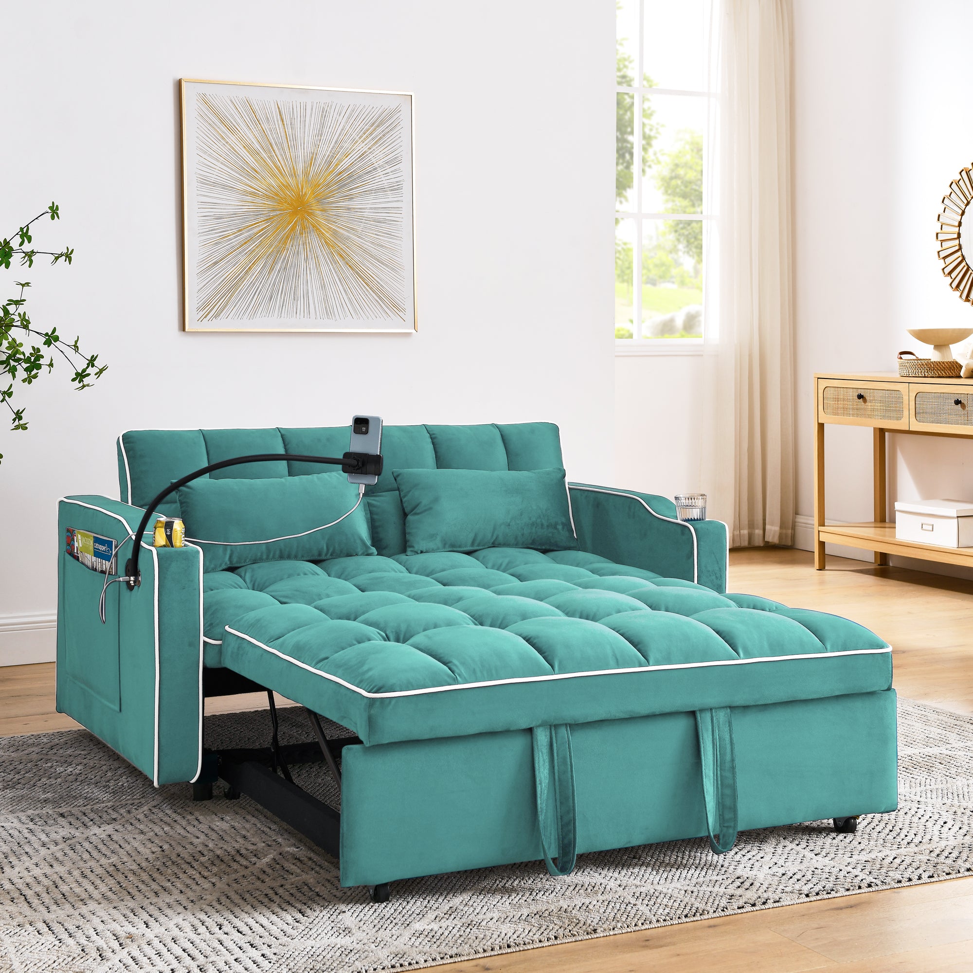 55.51 Inch Versatile Foldable Sofa Bed In 3 Lengths, Modern Sofa Sofa Sofa Velvet Pull Out Bed, Adjustable Back And With Usb Port And Ashtray And Swivel Phone Stand Green Full Antique Blue Green