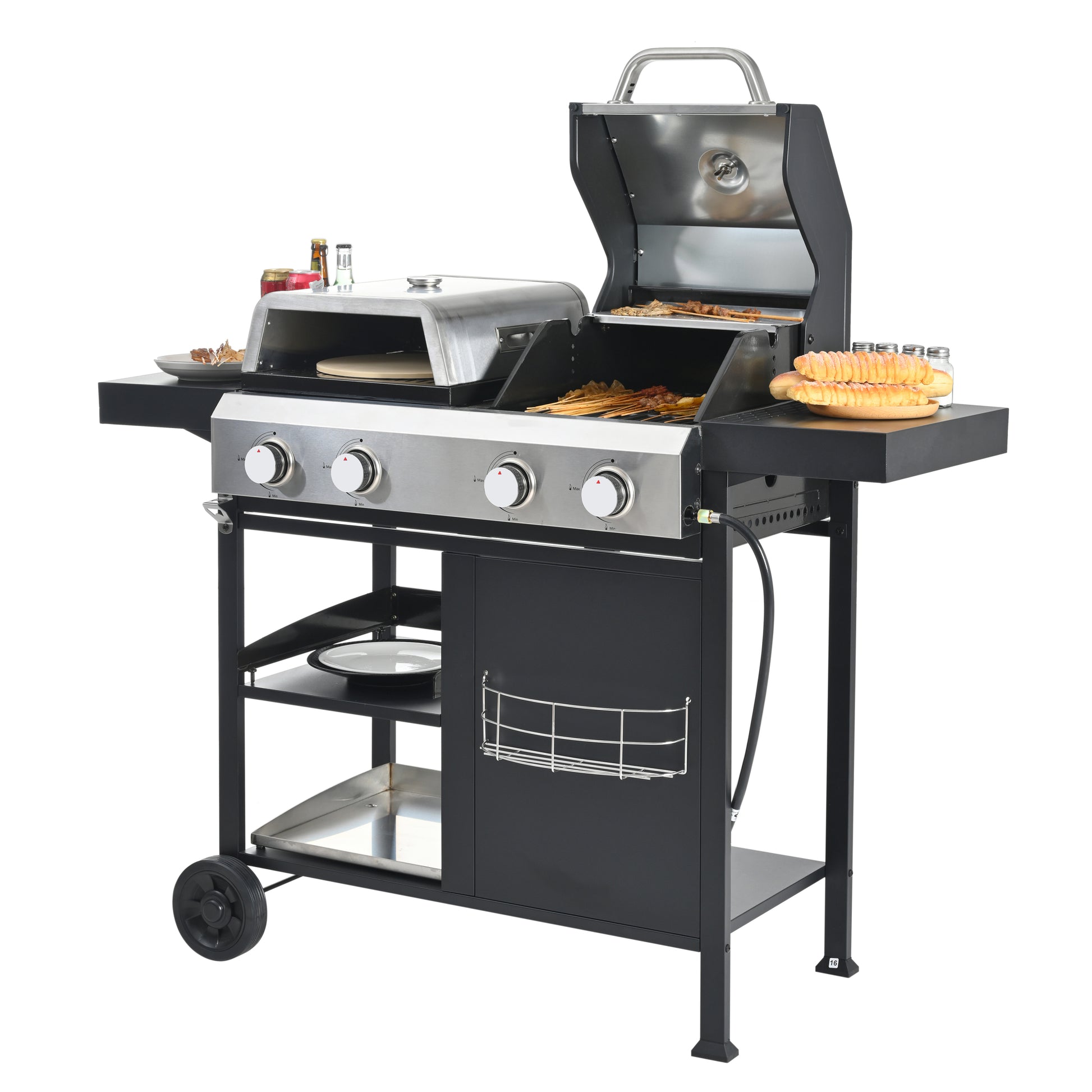 2 2 Multi Function Burner Gas Grill And Griddle Combo With Cover For Outdoor Cooking While Camping Or Tailgating Bbq,Frying,Pizza. Black And Silver Stainless Steel